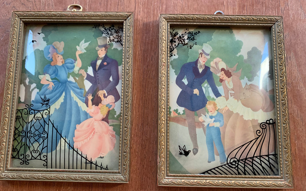 2 Beautiful Vintage Victorian Lovers Silhouette Pictures with Gold Guilt Frames and Convex Glass