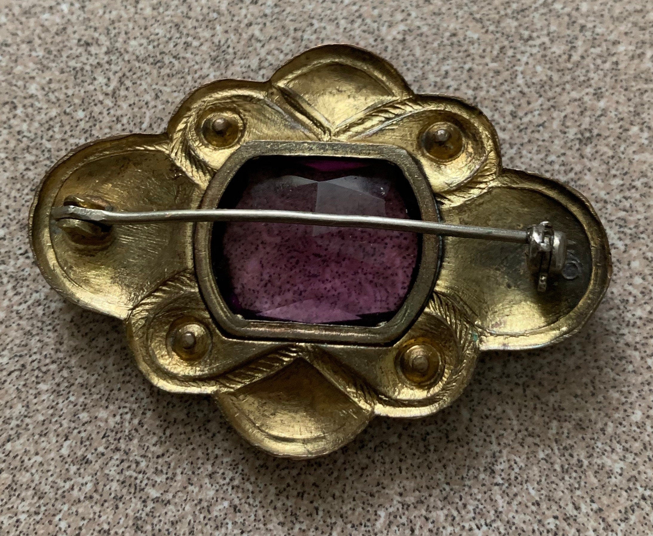 Vintage Antique Brass and  Amethyst Deco Brooch Pin