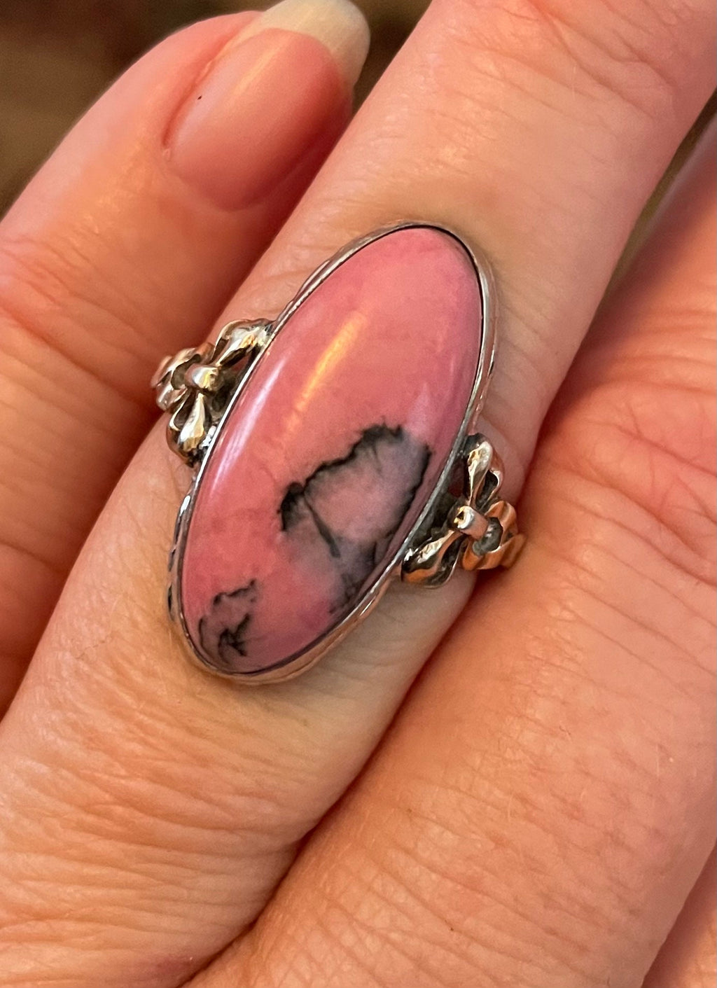Beautiful Sterling Silver and 10k Gold Ring with Black Manganese and Pink Rhodonite Size 7 1/2 Great Holiday Gift