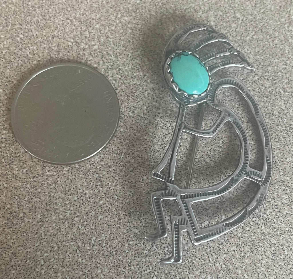 Artist Signed Vintage Native American Hopi Kokopelli Dancer Sterling Silver Turquoise Brooch Pin