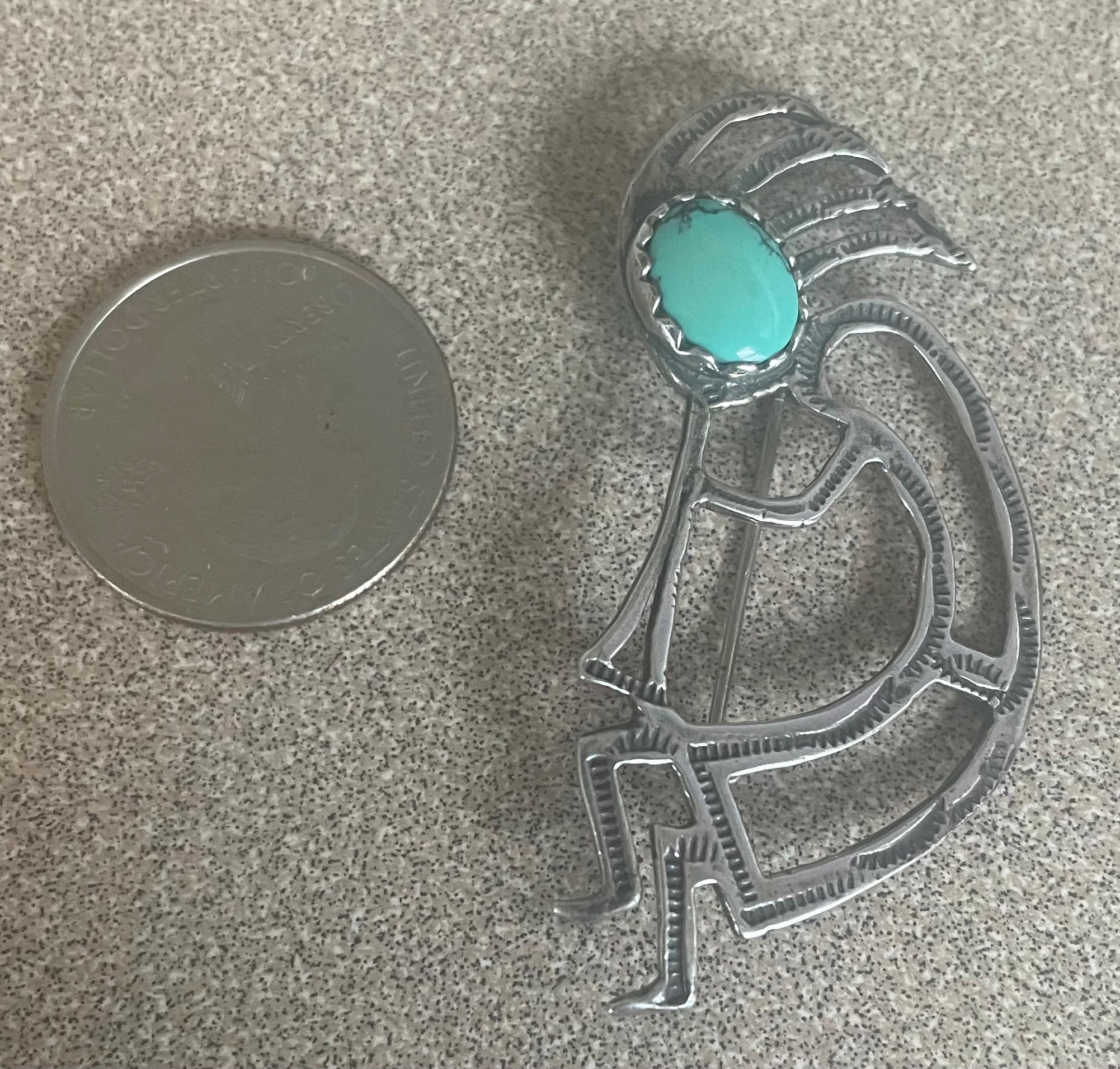 Artist Signed Vintage Native American Hopi Kokopelli Dancer Sterling Silver Turquoise Brooch Pin