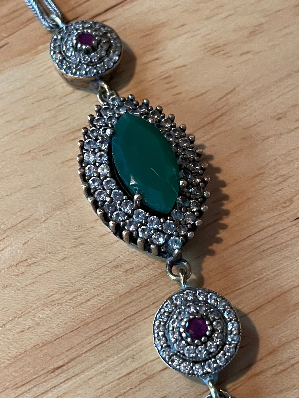 Beautiful Sterling Silver Turkish Flower Bracelet with Emerald and Ruby Stones