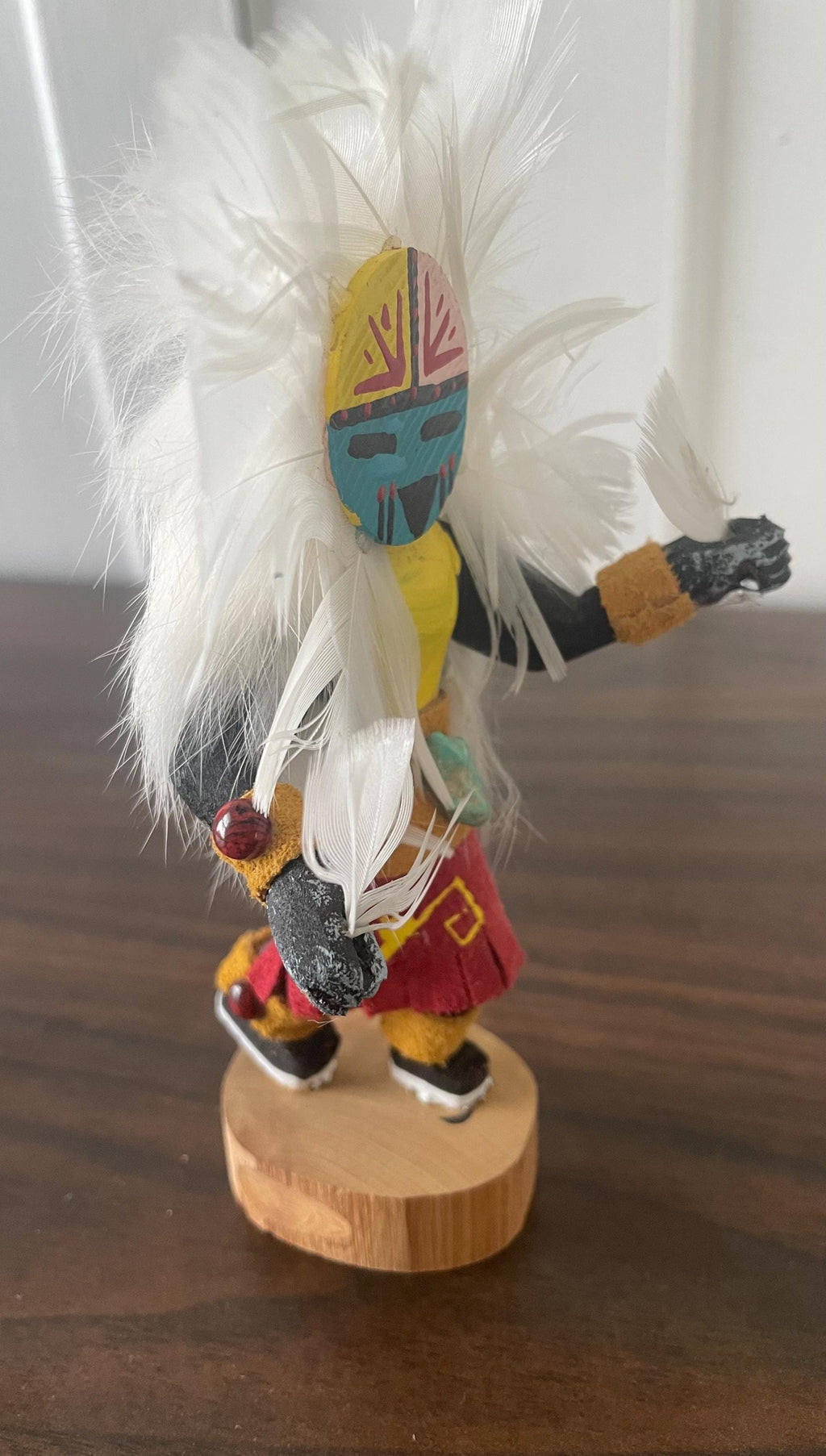 Artist Signed Handmade Native American Mini Kachina Doll Hand Painted Turquoise Suede Leather Sunface