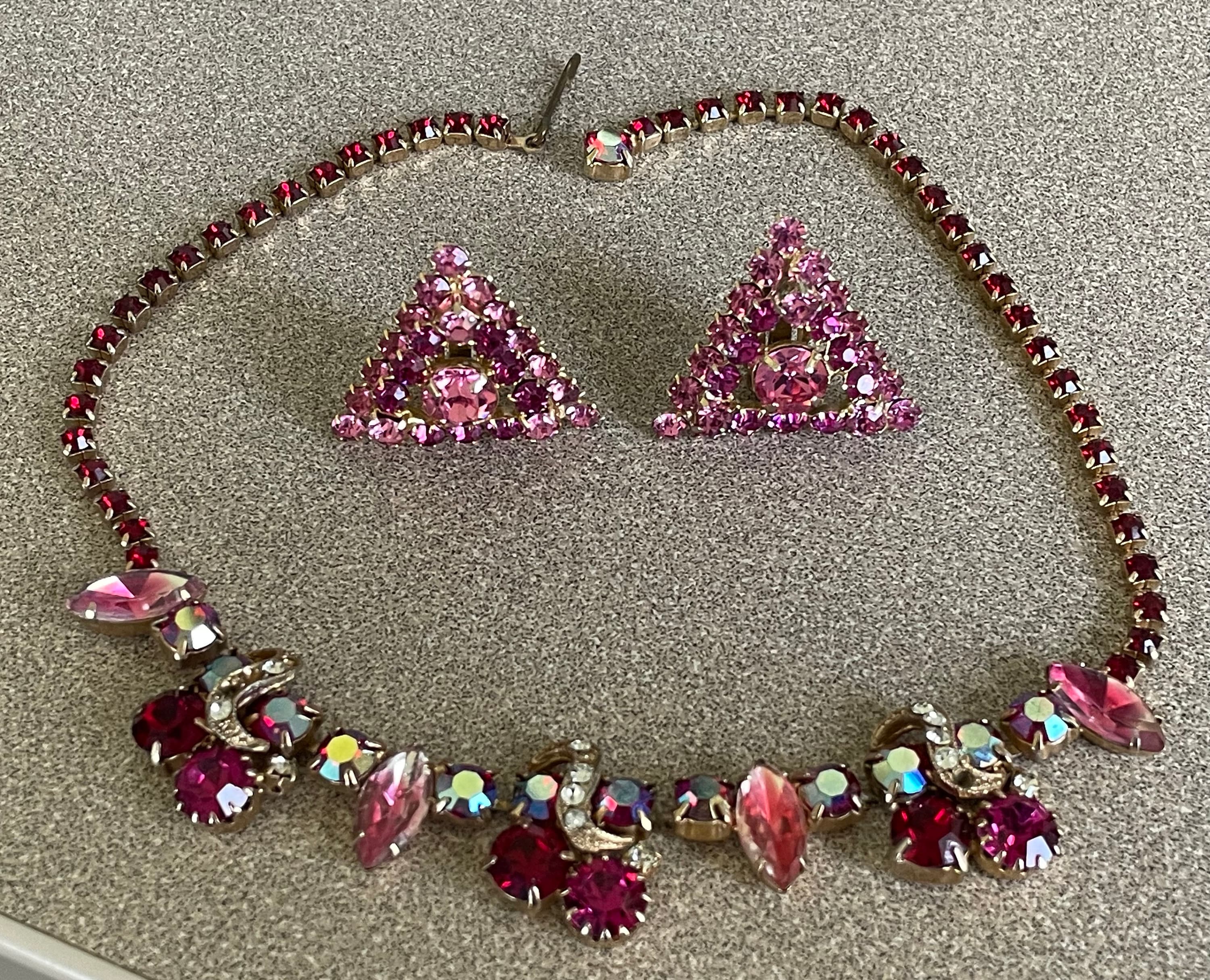 Unique Vintage Red and Pink Watermelon Rhinestone Necklace Bracelet and Clip Earrings Set Triangle Clip Earrings Chocker Necklace