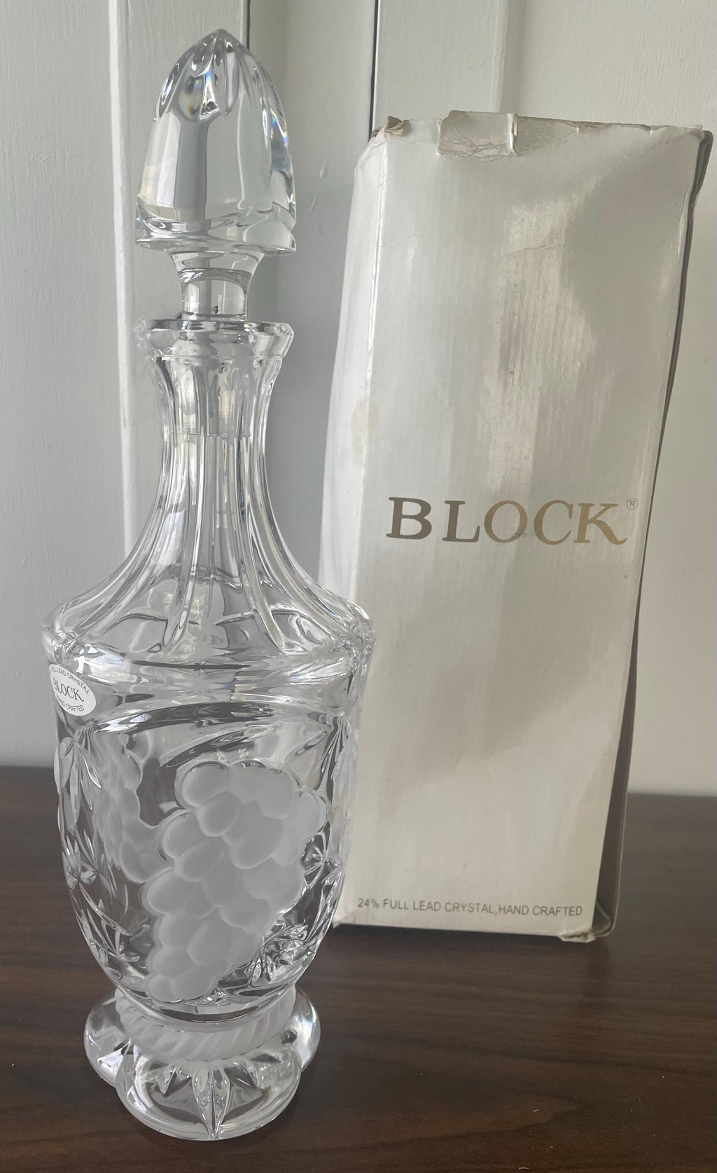 Stunning Vintage Block Heavy Cut Crystal Liquor Decanter Wine Carafe Very Elegant with Grape Pattern