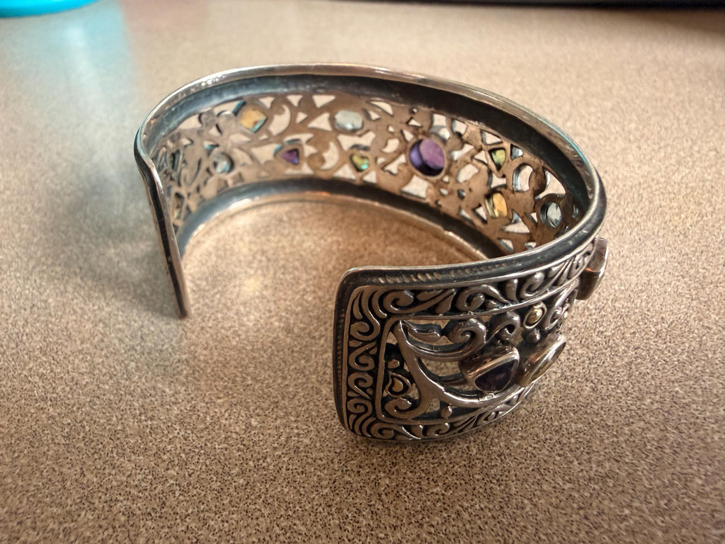 RARE Stunning Samuel B Benham Bali Multi Stone Bracelet with Sterling Silver 18k Gold Amethyst Citrine Peridot Aquamarine Cuff Bracelet