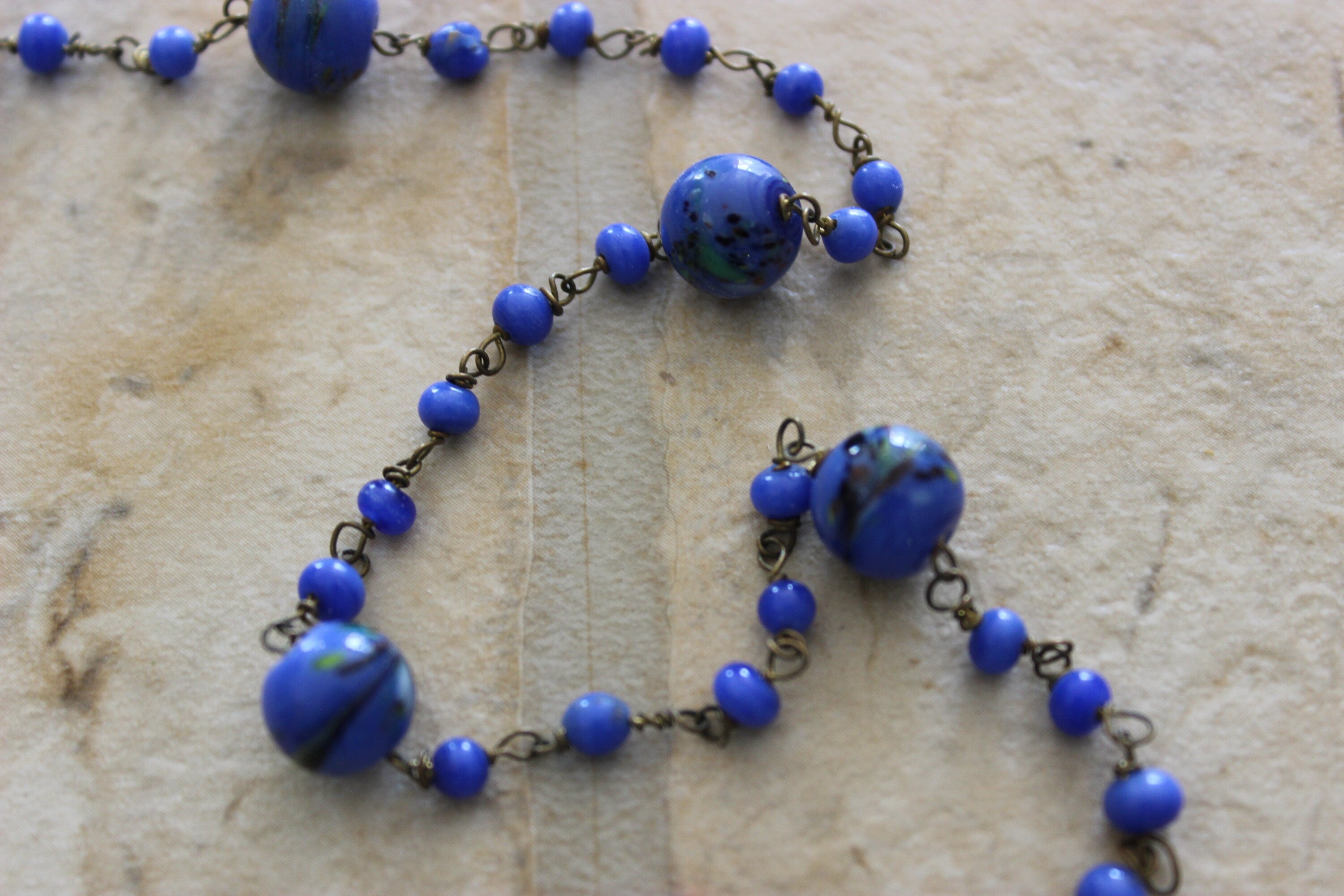 Vintage Cobalt Blue Color Venetian Millefiori Necklace Murano Glass Italian