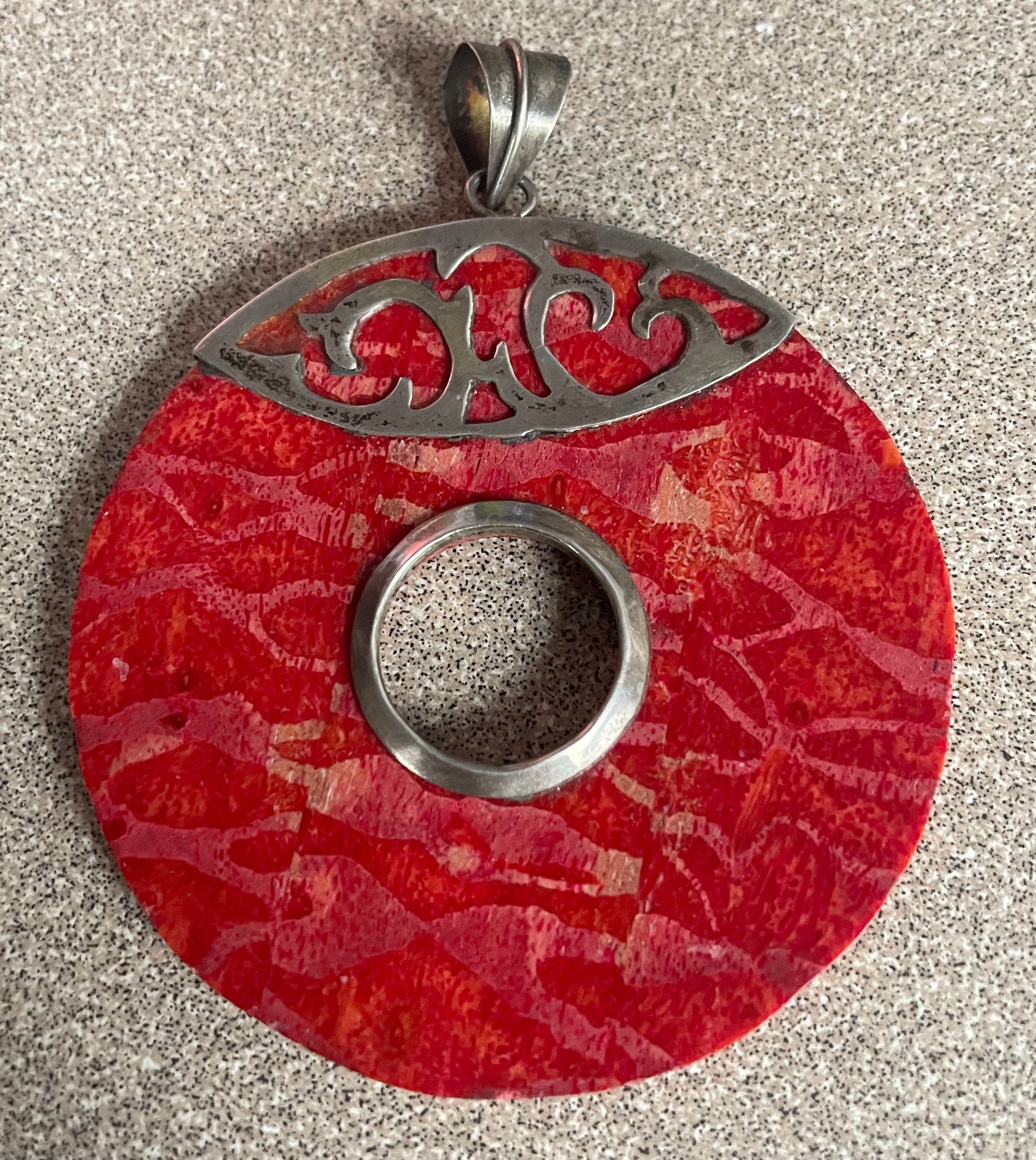 Vintage Large Asian Sterling Silver Pendant with Carved Coral Stone