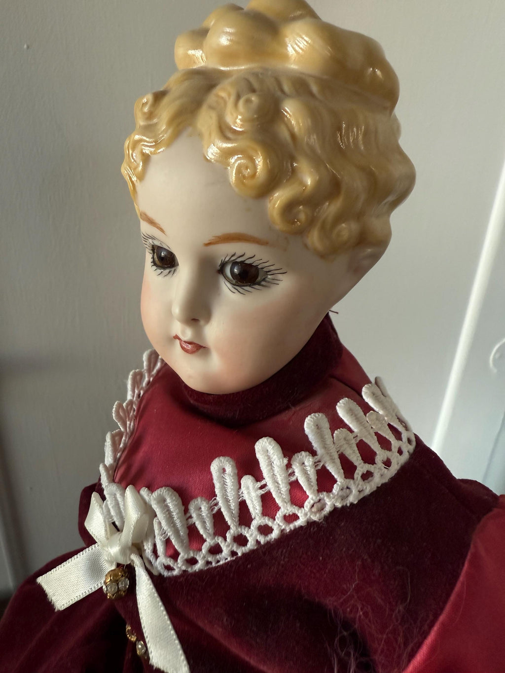 Antique 21" German Parian China Head doll Reproduction with Handmade Ruby Velvet and  Lace Dress Brown Glass Eyes