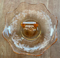 Beautiful Etched Pink Depression Glass Nut Dish with Grape Pattern and Handle