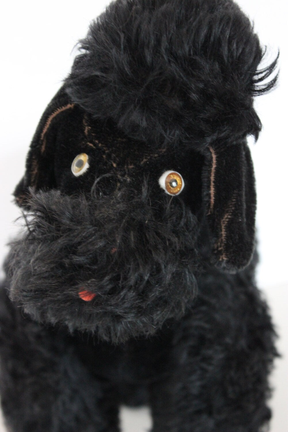 Fully Jointed Large 1940's Steiff Like Black Mohair Poodle Dog with Glass Eyes  13" Long