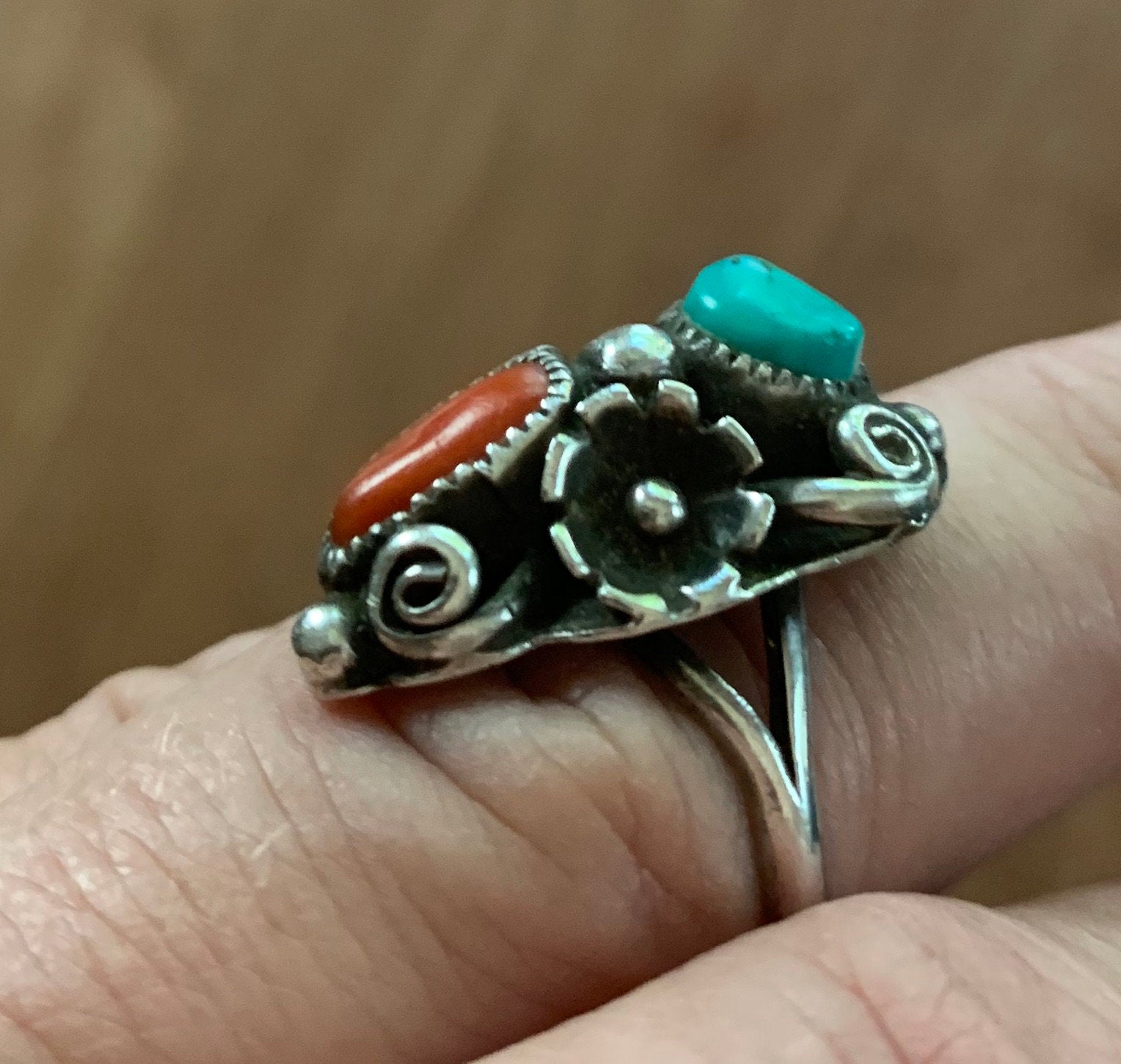 Vintage Artist signed Native American Turquoise and Coral Sterling Ring Size 7