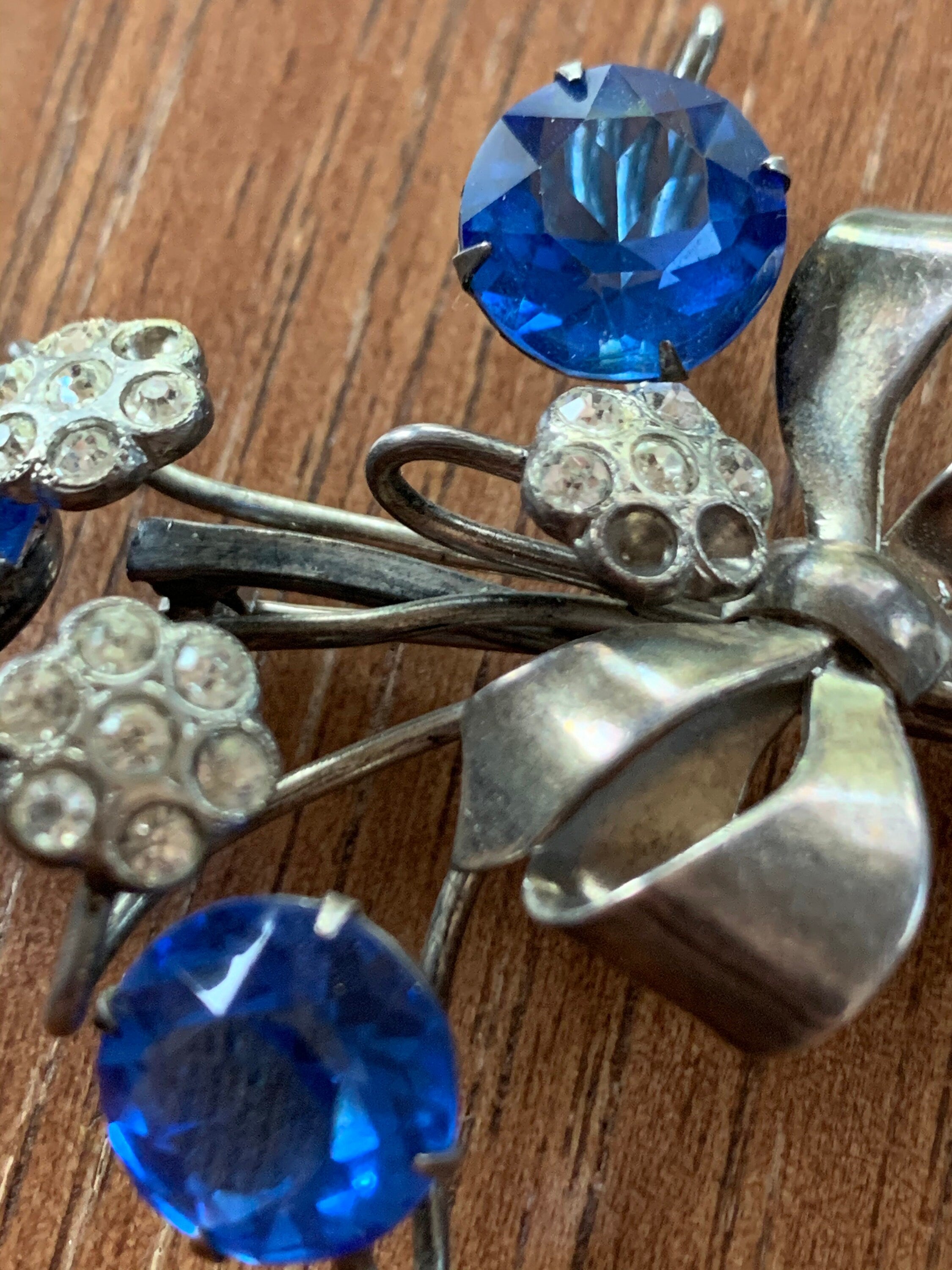 Huge Vintage  Sterling Silver Blue Glass Stone Flower Spray Brooch Pin