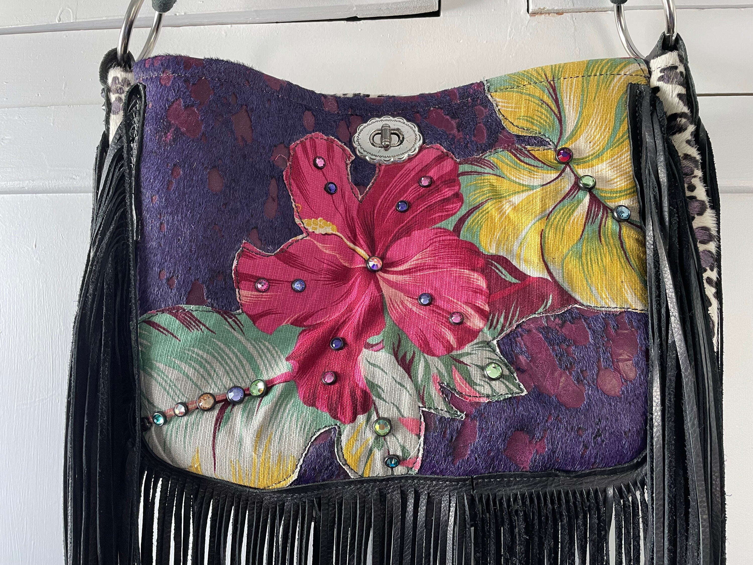 Vintage Custom Made Western Purse Tote Genuine Leather and Horse Hair Fringe Rowdy Rose HTF