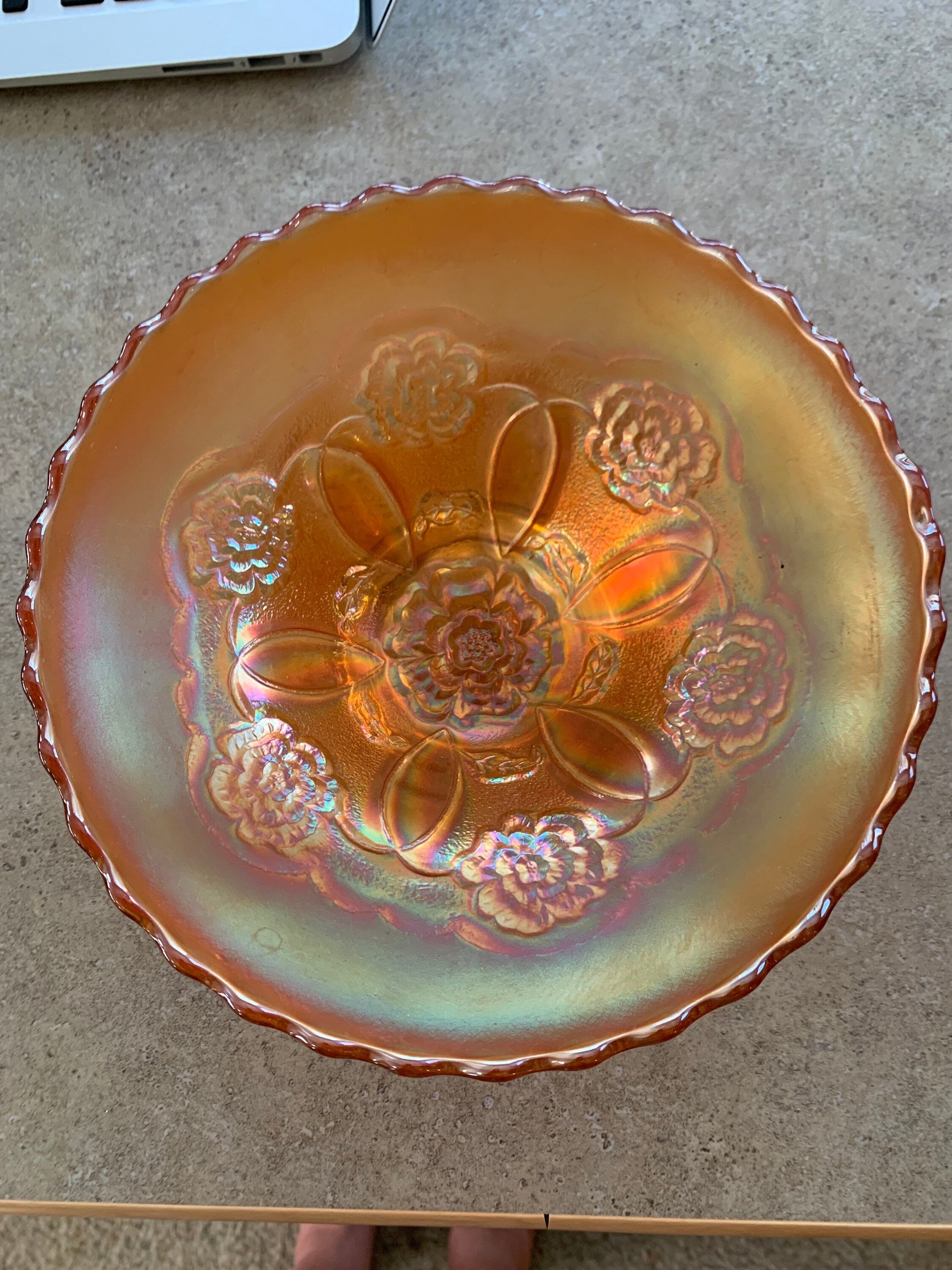 Vintage Gold Carnival Glass footed bowl with Poppies