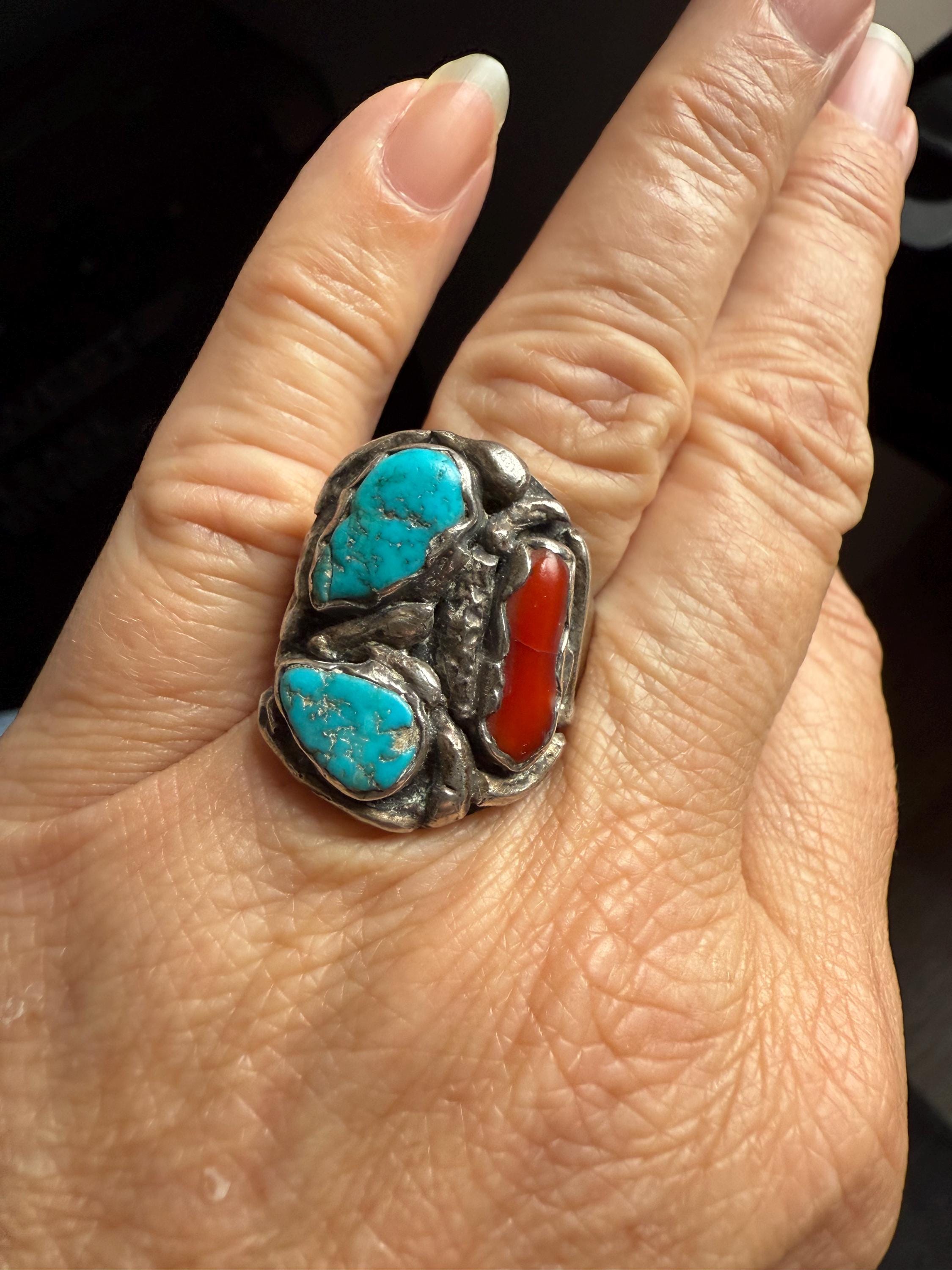 Vintage Mens or Ladies Large Native American Turquoise and Coral Sterling Ring Size 12