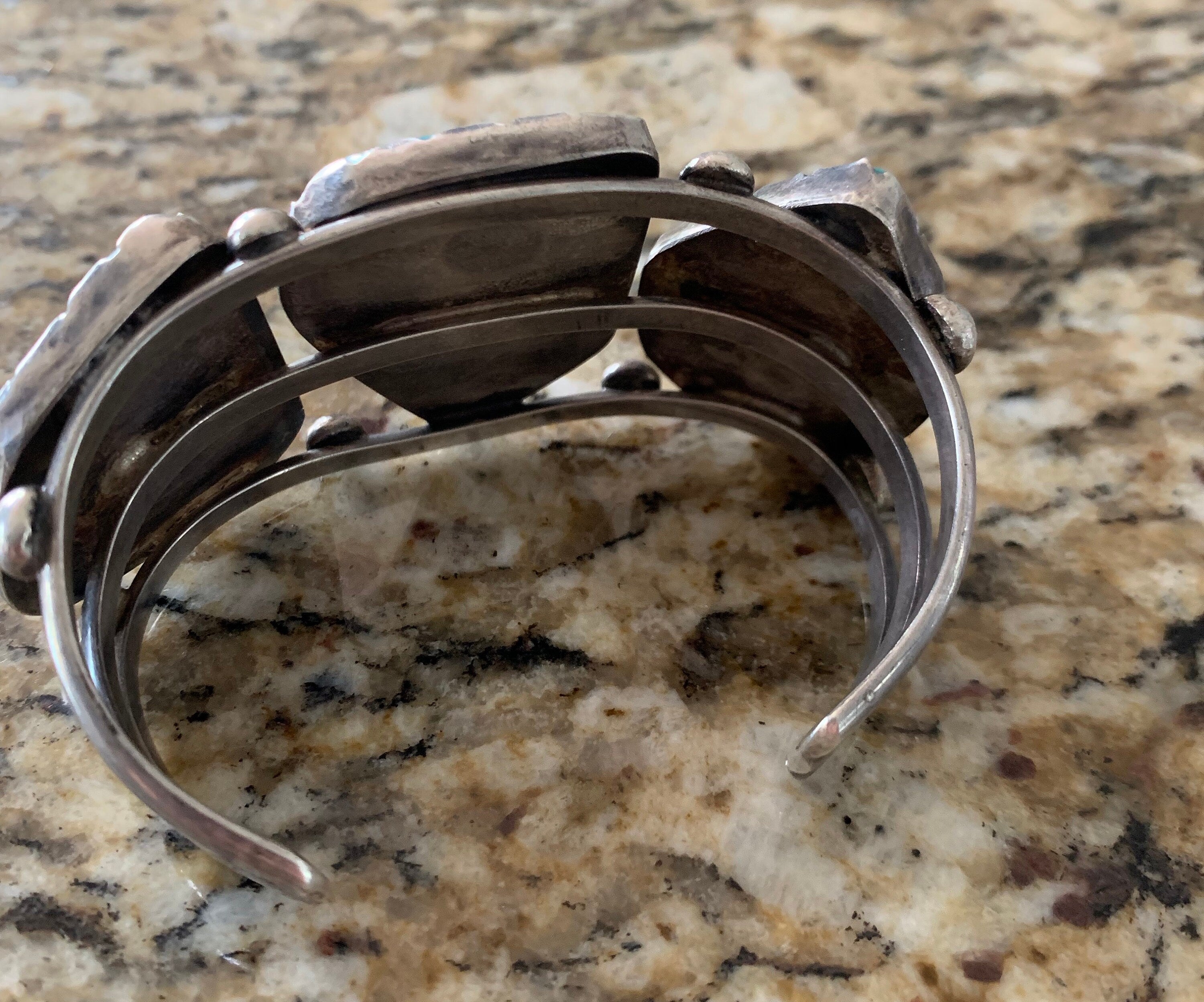 Huge Heavy Sterling Silver Old Pawn Turquoise Navajo Cuff Bracelet Squash Blossom Native American