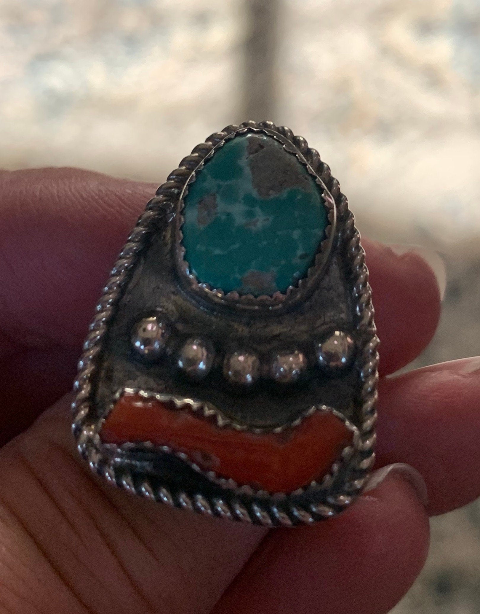 Vintage Large Native American Turquoise and Coral Sterling Ring Size 6
