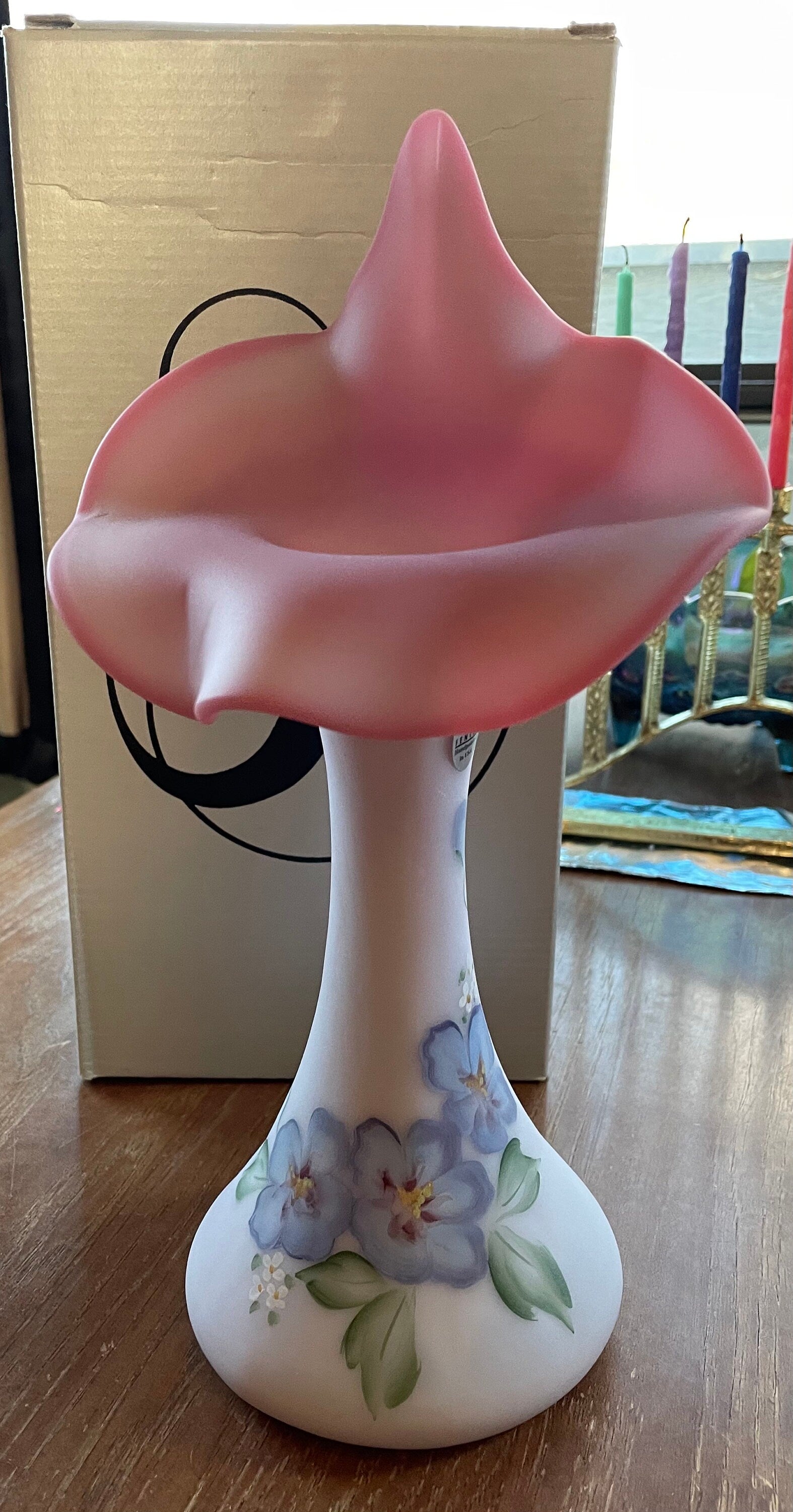 MIB Fenton Limited Edition Hibiscus on Blue Burmese Vase 150/2750