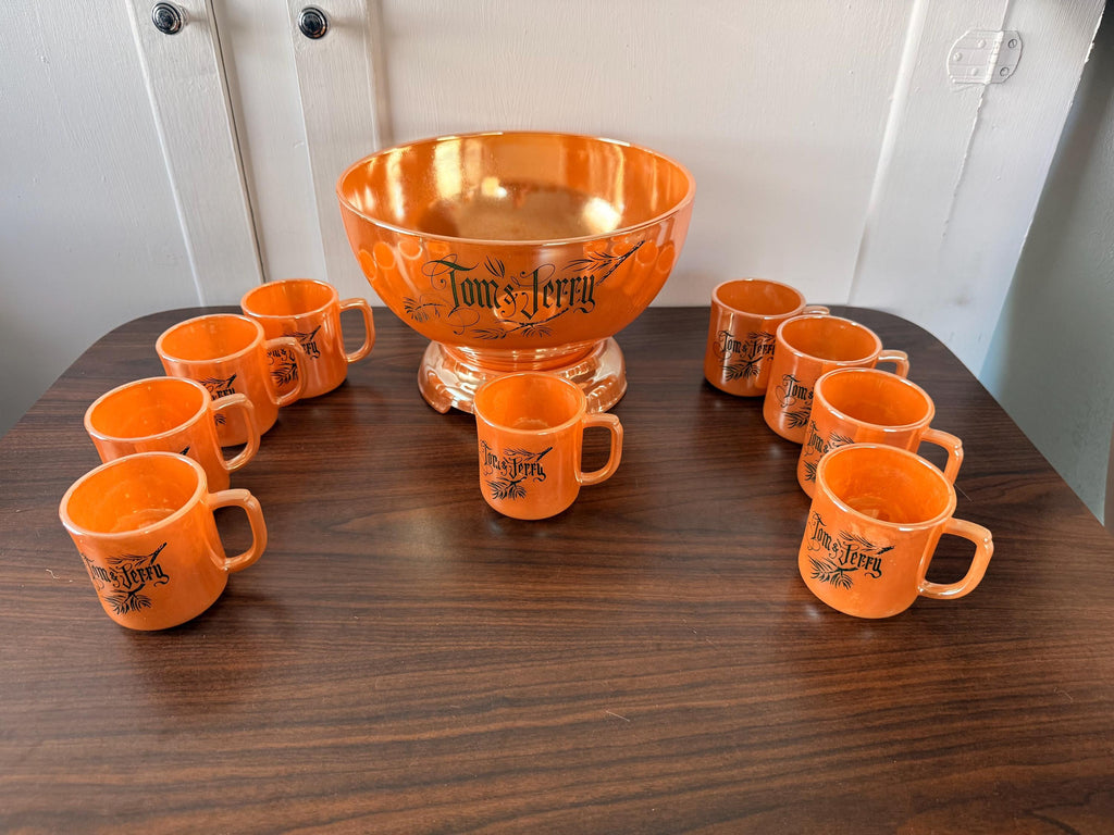 Rare Hard to Find Tom and Jerry Peach Lusterware Fire King Punch Bowl with 9 Cups