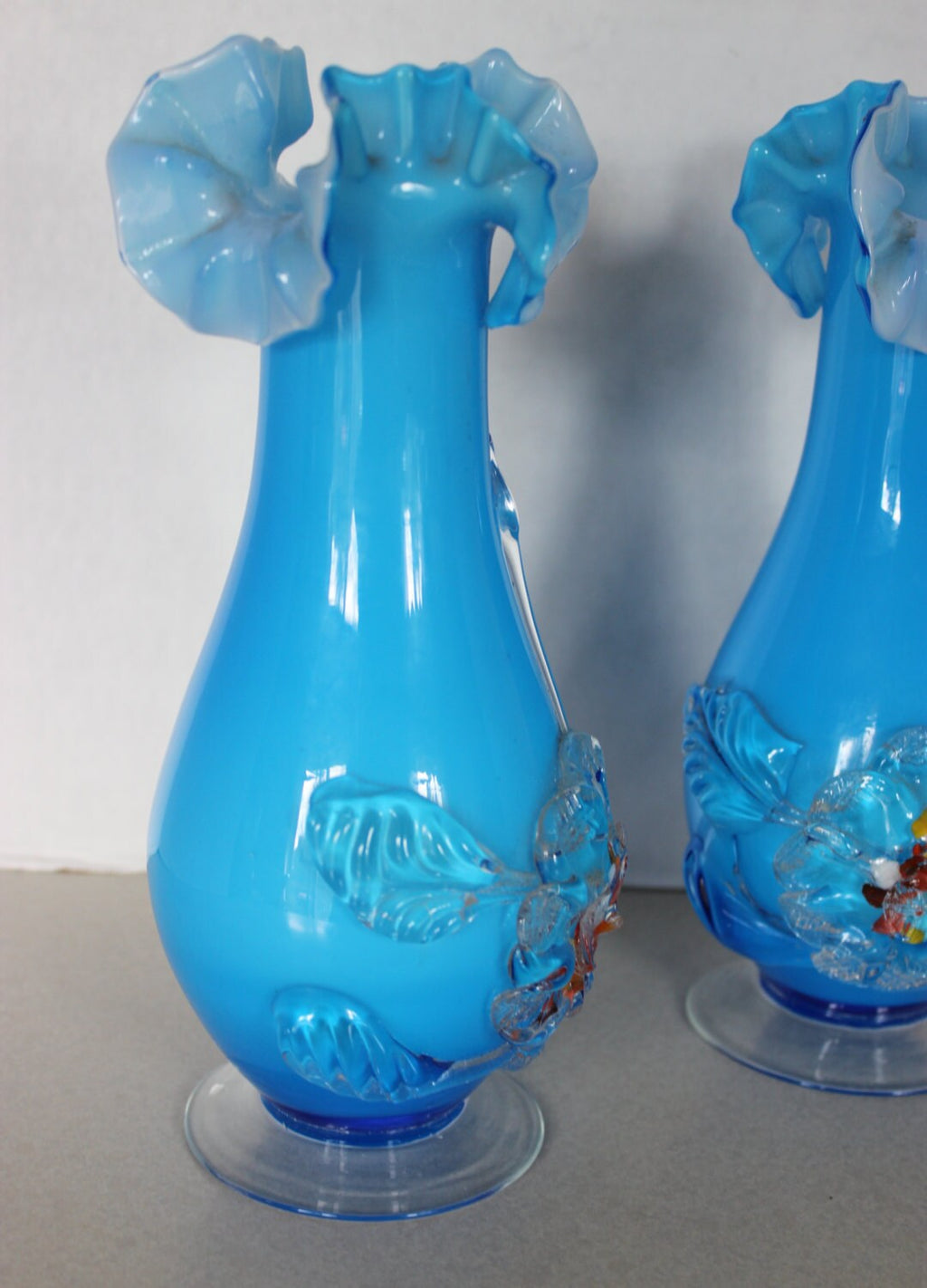 Rare Vintage Pair of Blue Stevens & Williams Hand Blown Vases w Ruffle Tops