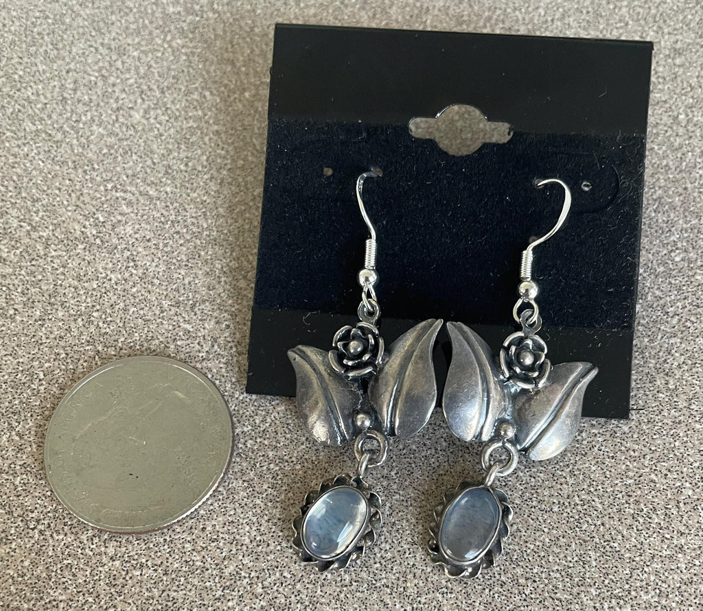 Beautiful Vintage Sterling Silver Floral Dangle Earrings with Moon Stones