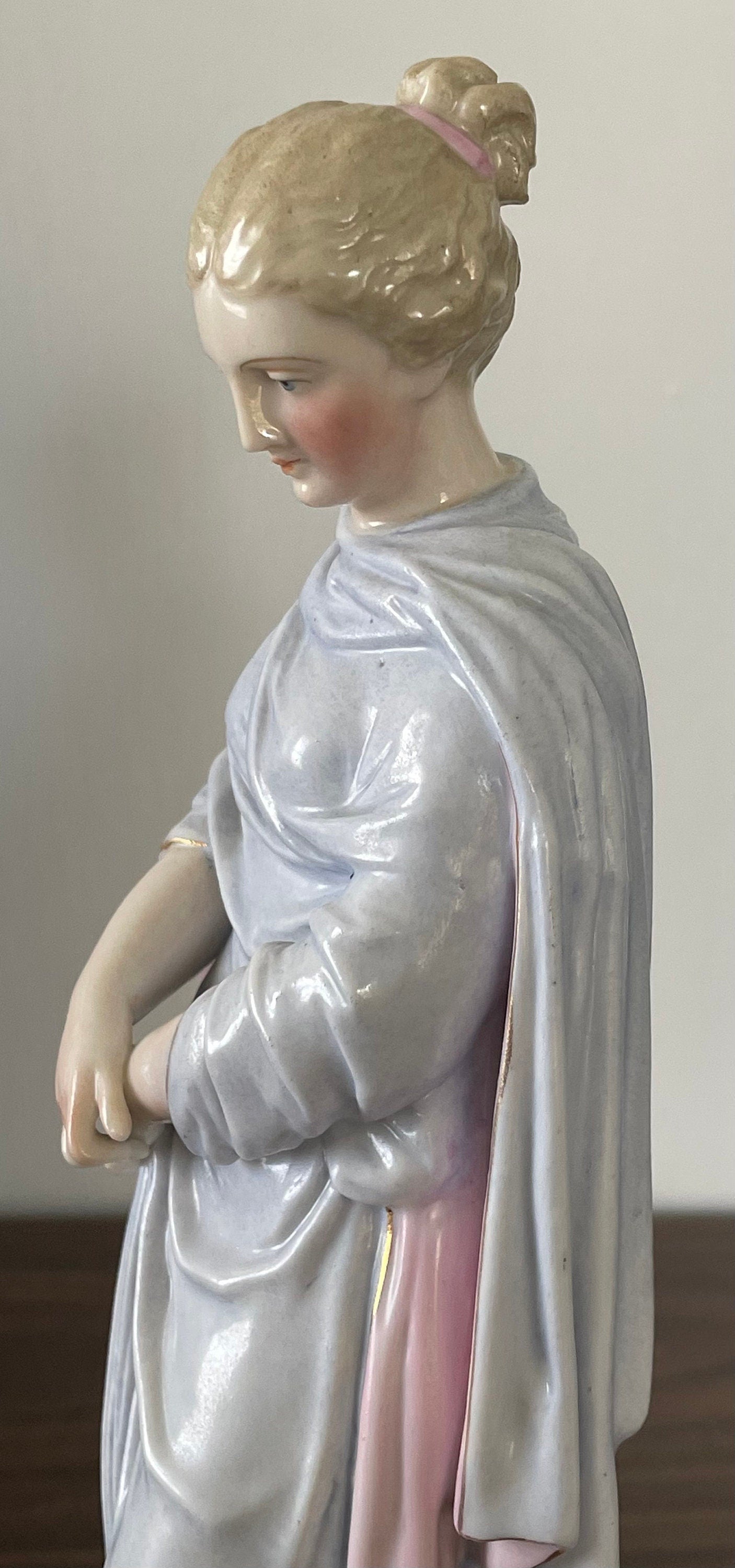 Antique Marked Meissen German Hand Painted Graceful Victorian Lady with Gold Dress Cross Swords