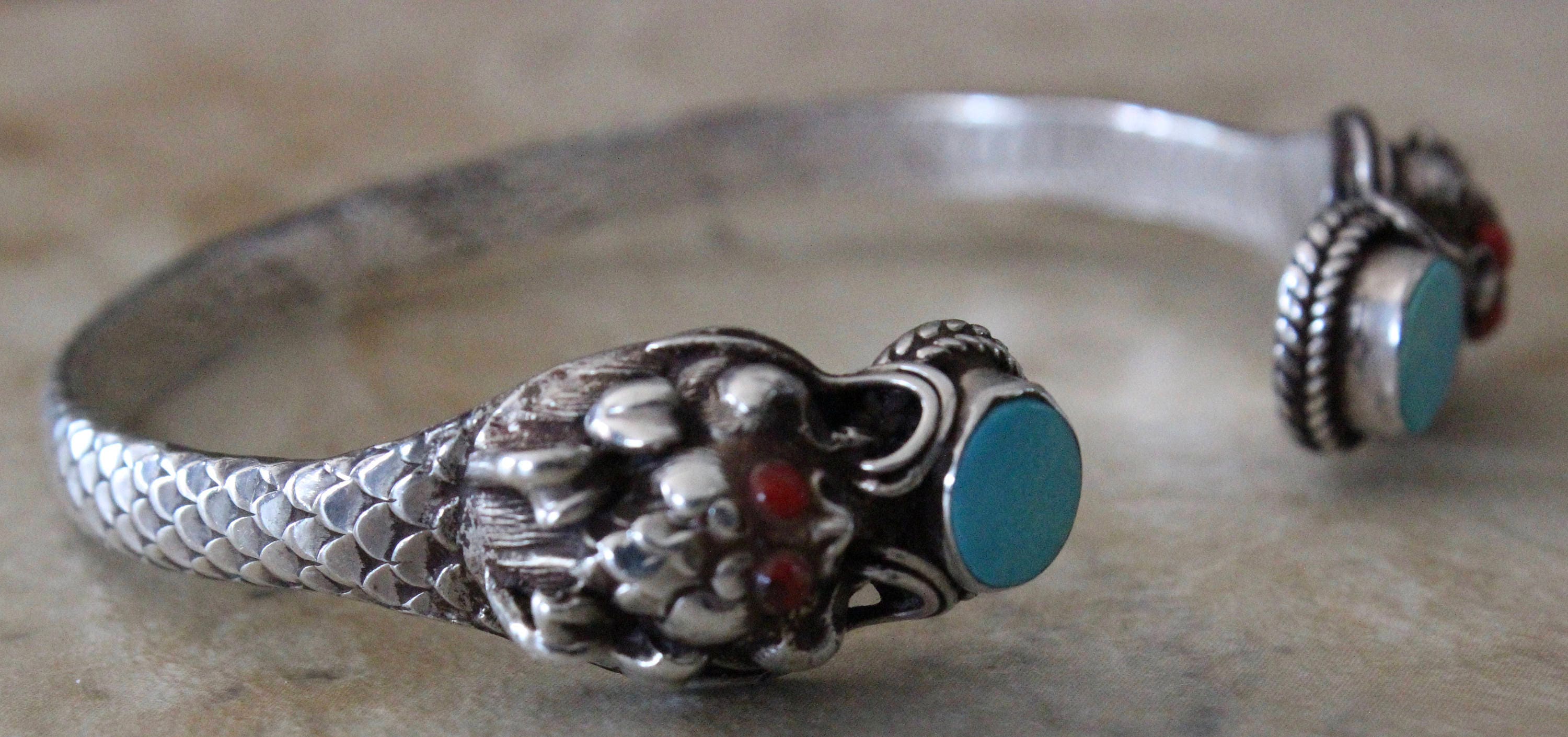 Vintage Unique  Sterling Silver Turquoise and Coral Dragon Cuff Bracelet
