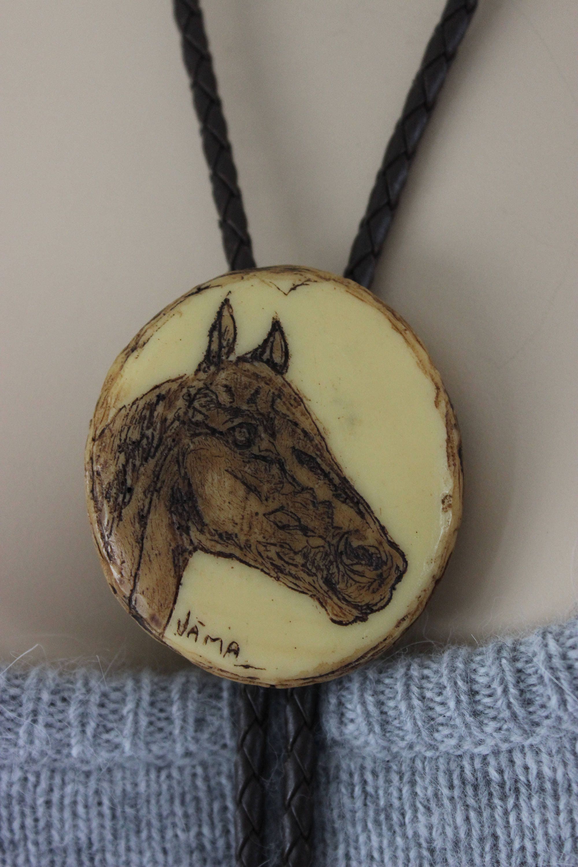 Vintage Signed Desert Impressions Oil Painted Horse Image Bolo Tie