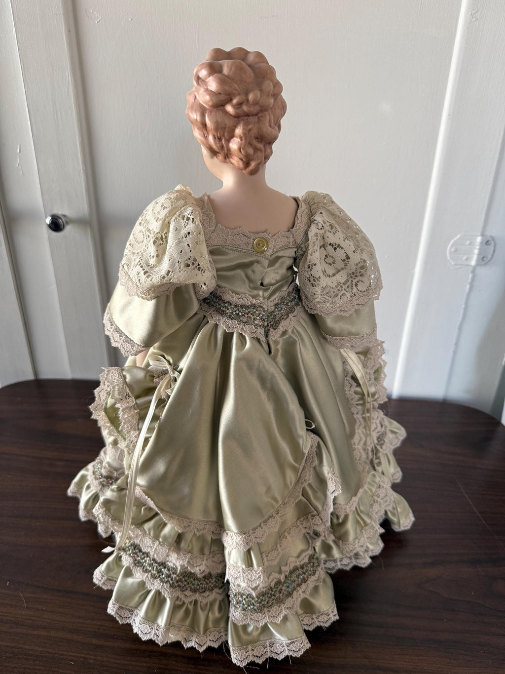 Antique 18" German Parian China Head doll Reproduction with Handmade Satin Green Lace Dress Glass Eyes