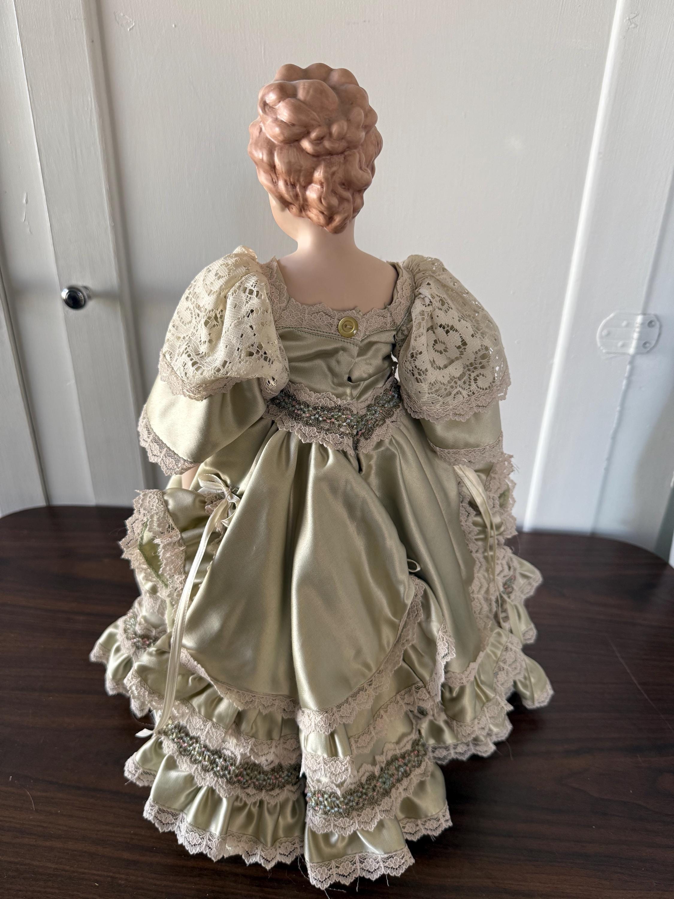 Antique 18" German Parian China Head doll Reproduction with Handmade Satin Green Lace Dress Glass Eyes