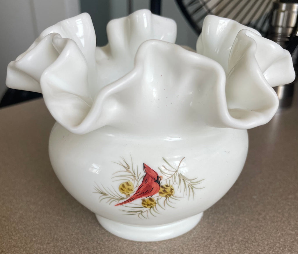 Vintage Fenton White Milk Glass Ruffle Bowl with Hand Painted Cardinal Bird Artist Signed Original Tag