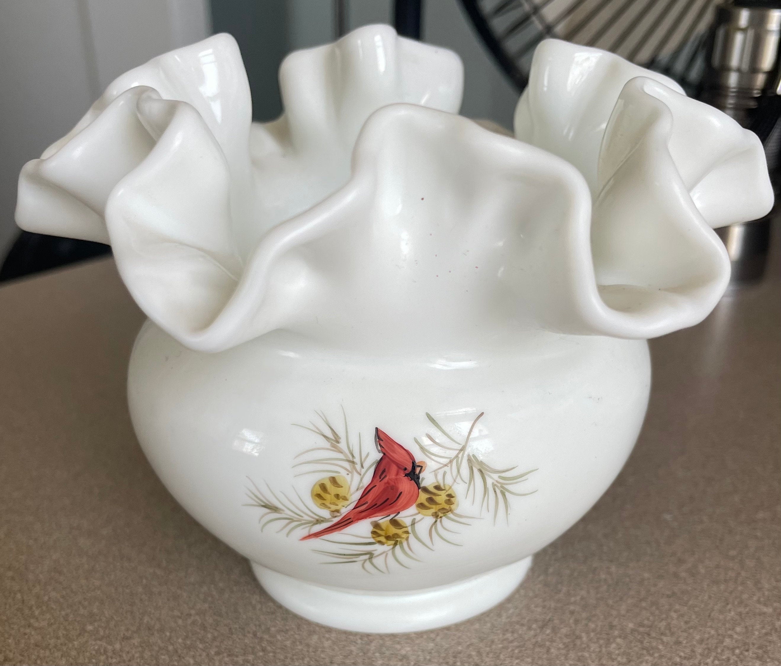 Vintage Fenton White Milk Glass Ruffle Bowl with Hand Painted Cardinal Bird Artist Signed Original Tag