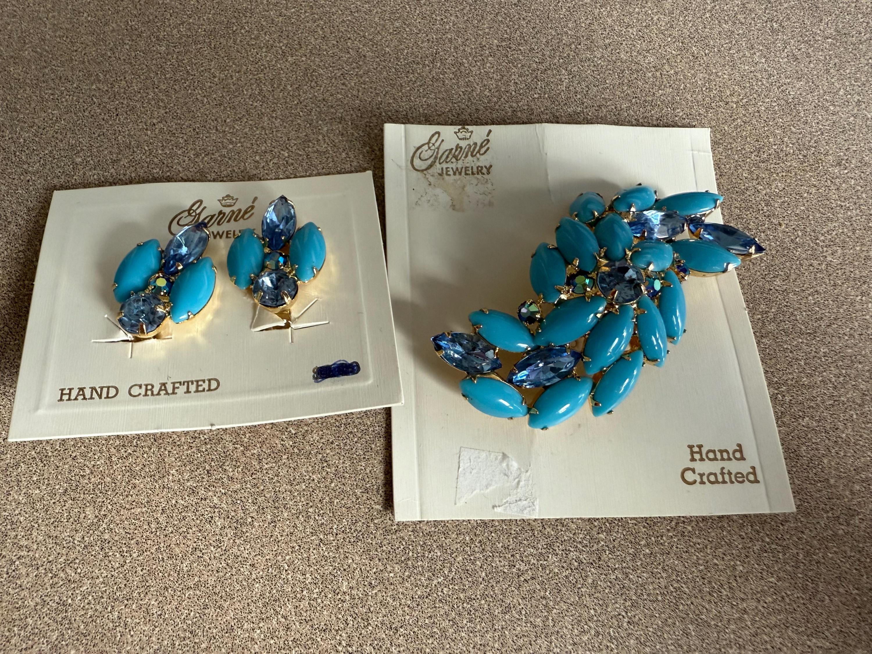 Large Vintage Blue Rhinestone Garne Jewelry Hand Crafted Brooch Pin and Clip Earrings