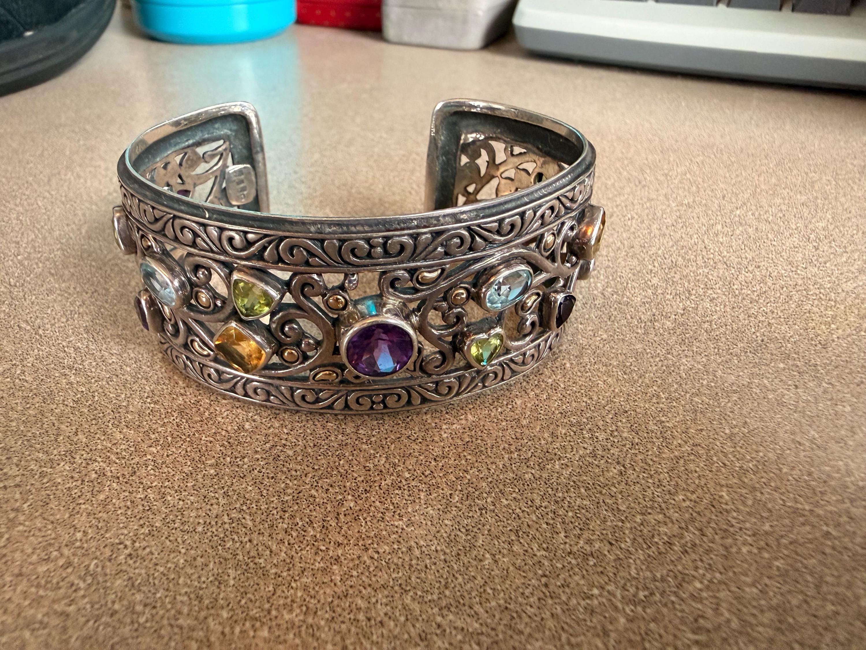 RARE Stunning Samuel B Benham Bali Multi Stone Bracelet with Sterling Silver 18k Gold Amethyst Citrine Peridot Aquamarine Cuff Bracelet