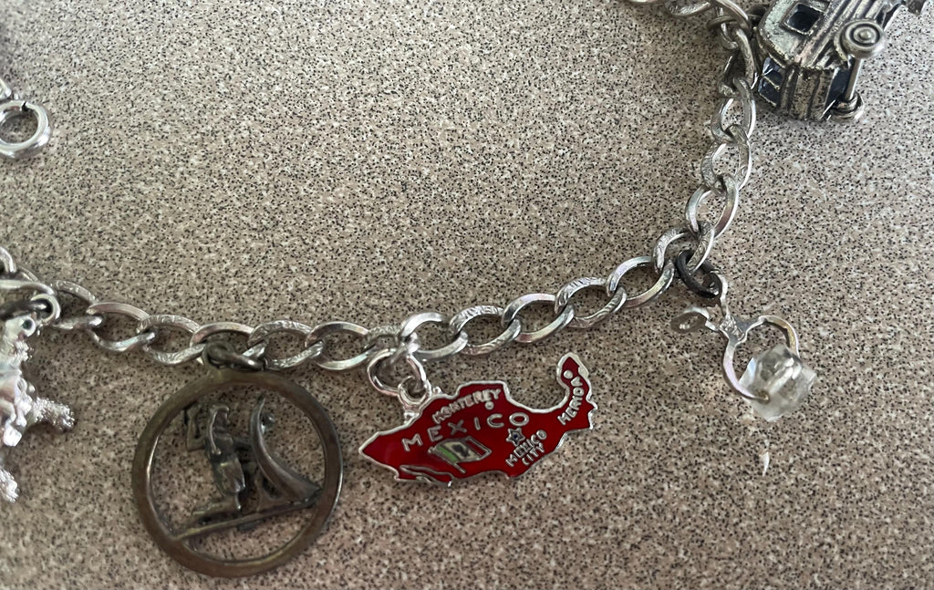 Vintage Sterling Silver Charm Bracelet with 7 Charms Enamel Marked Sterling Vintage Camper Phone Butterfly Turtle Artist Signed