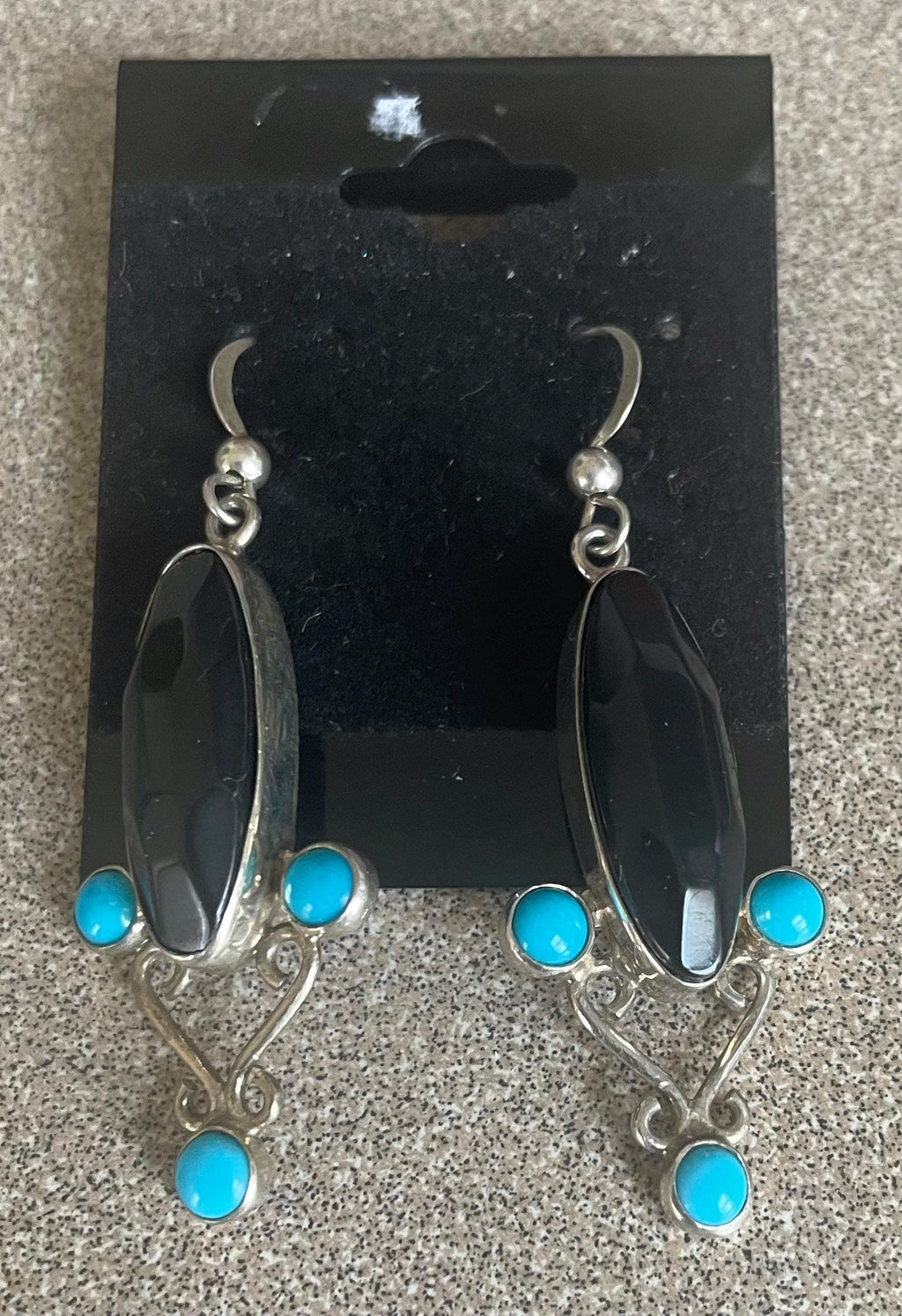 Vintage Long Dangle Sterling Silver Earrrings with Black Onyx  and Turquoise Stones