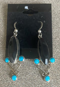 Vintage Long Dangle Sterling Silver Earrrings with Black Onyx  and Turquoise Stones