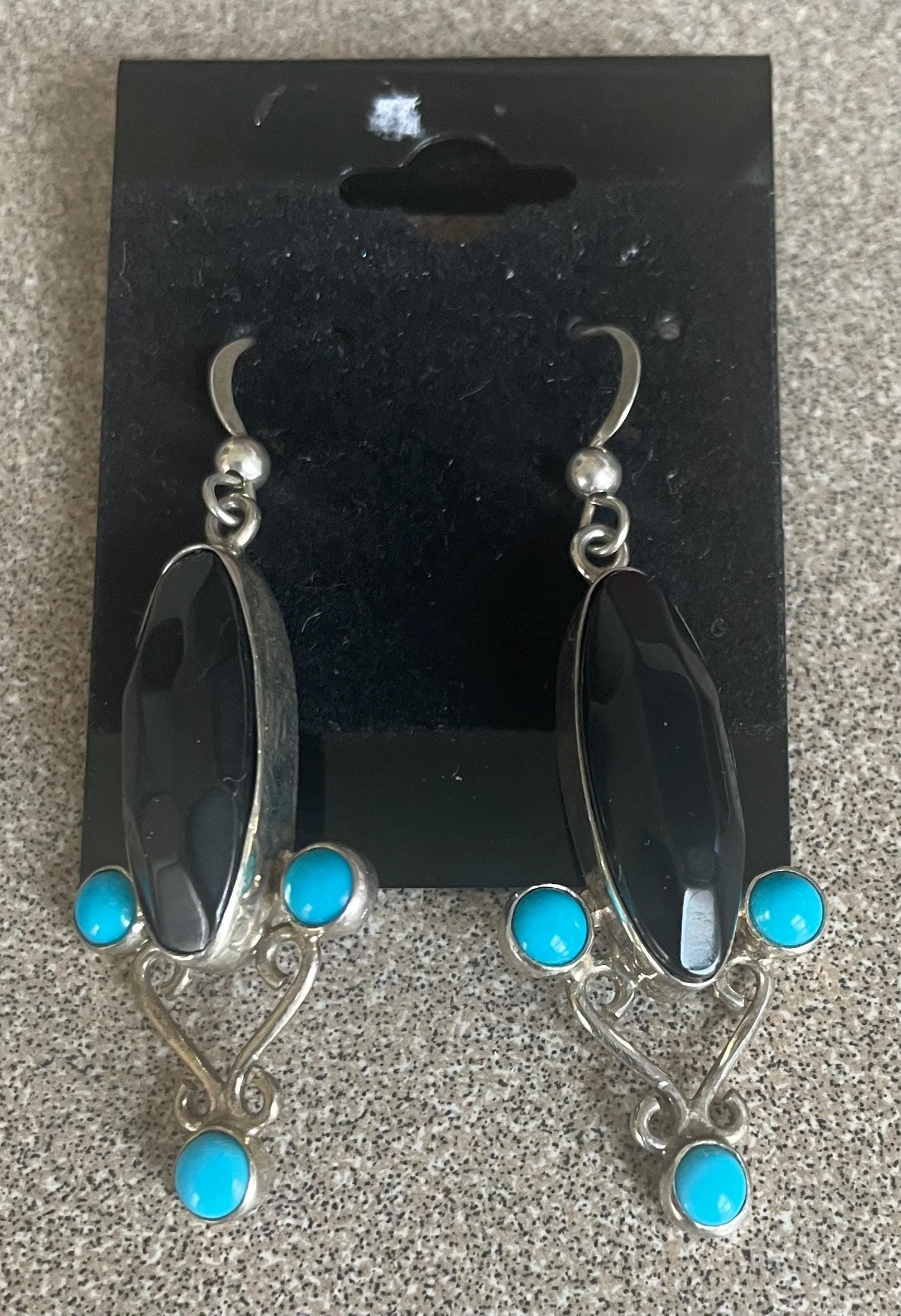 Vintage Long Dangle Sterling Silver Earrrings with Black Onyx  and Turquoise Stones
