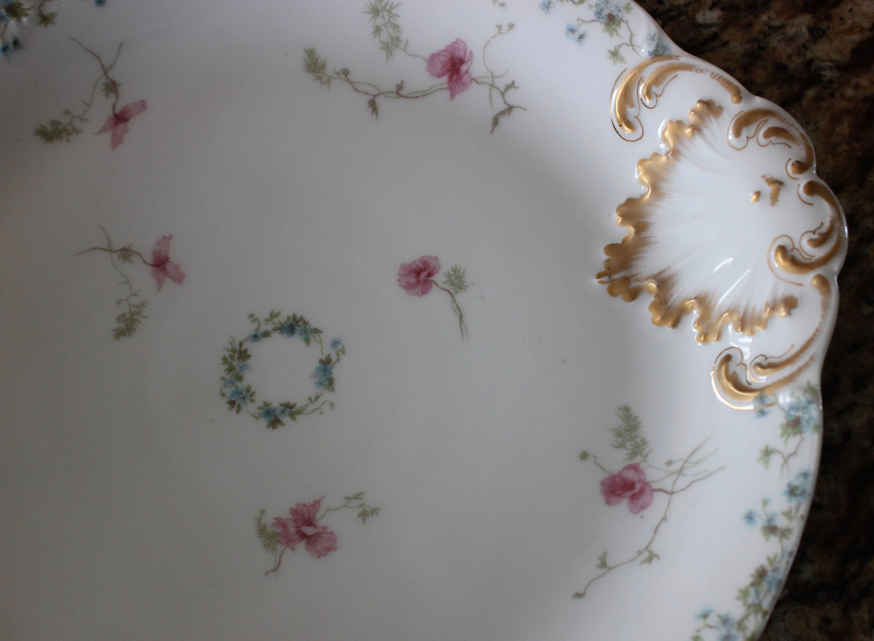 Large Antique Haviland Limoges CFM GDM France Periwinkle and Poppies Serving Dish Gold Trim