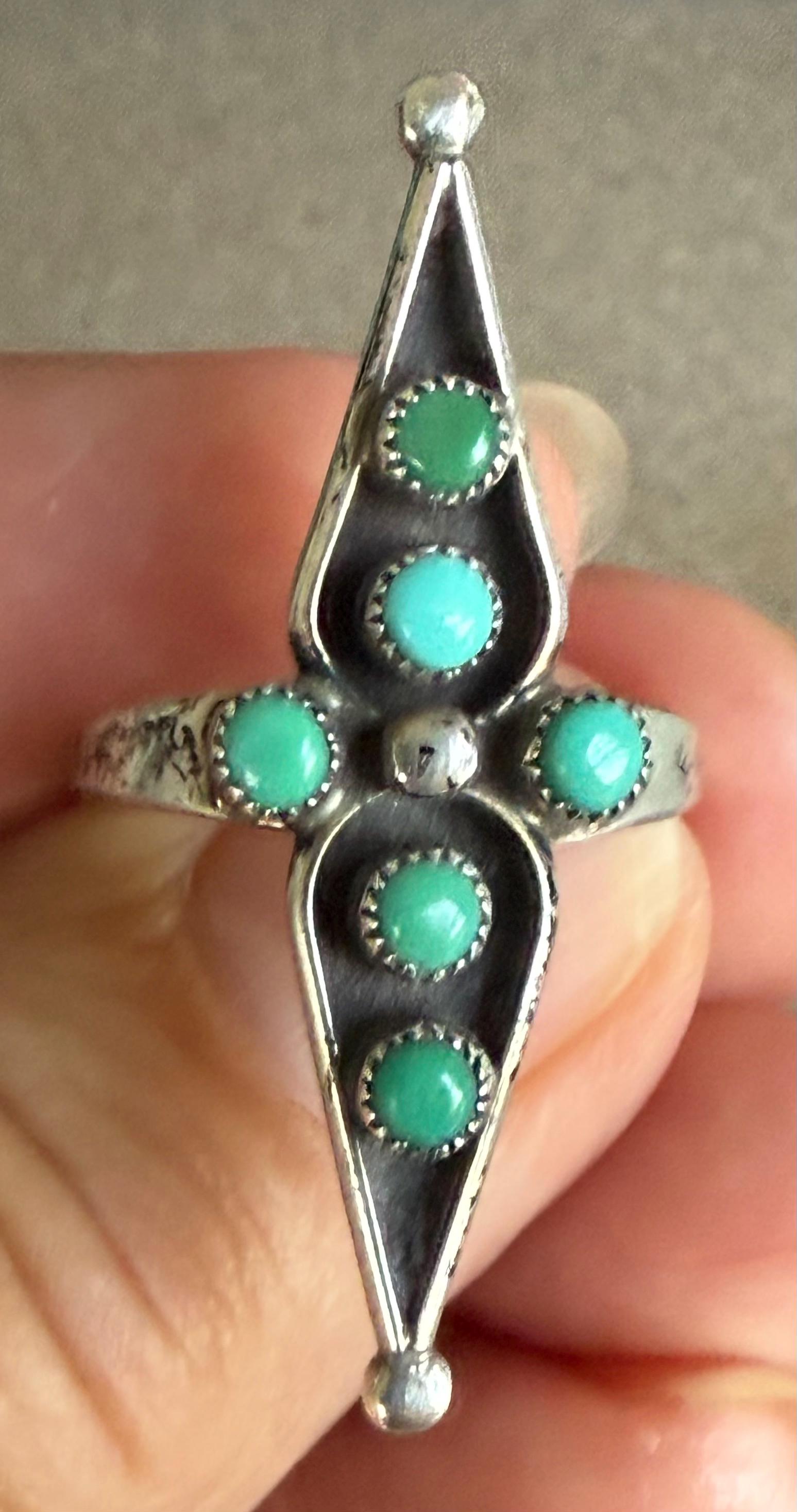 Vintage Authentic Native American Blue Green Turquoise Sterling Silver Snake Eyes Ring Size 6