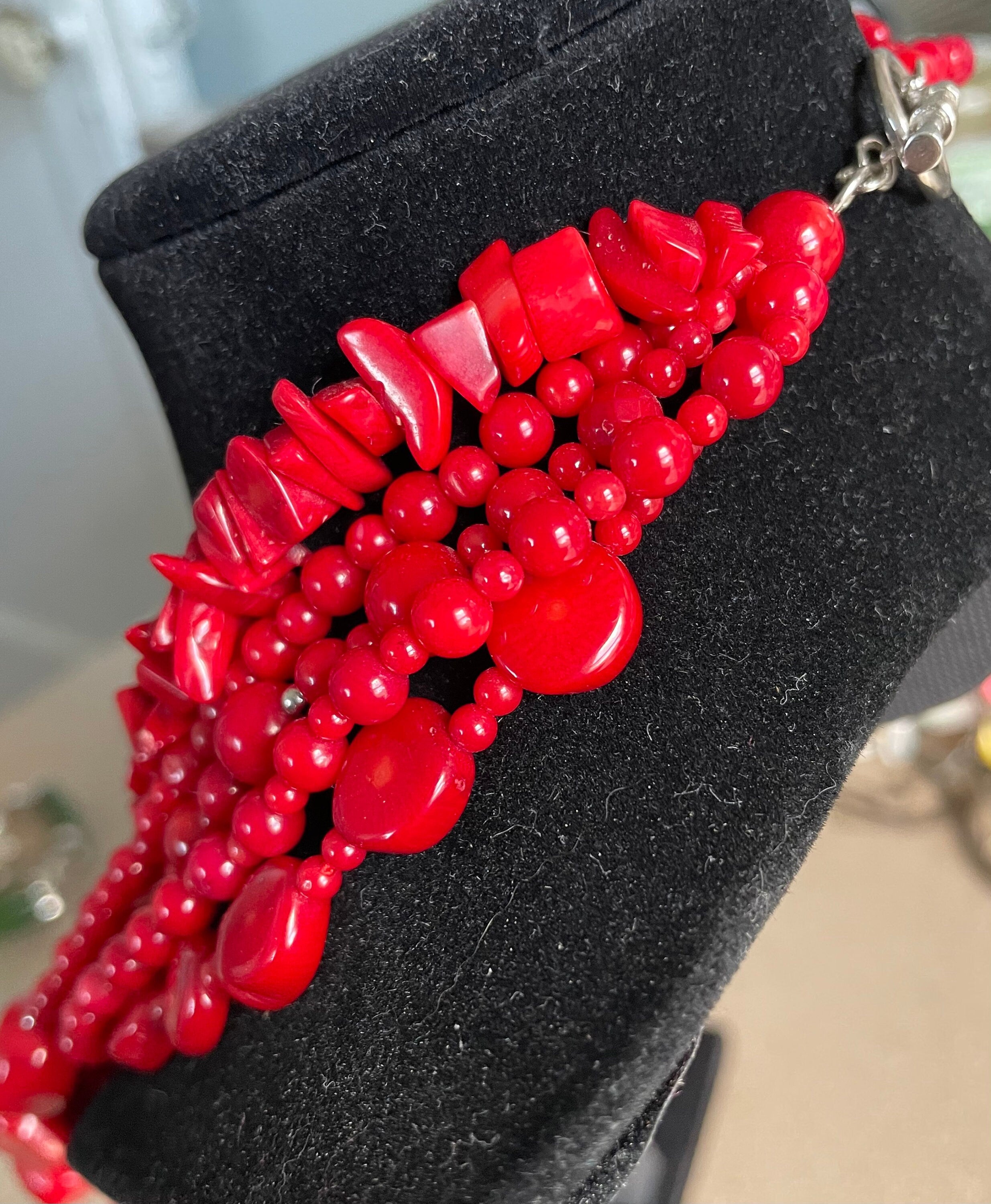 Vintage Natural Coral Chunky Beaded 5 Strand Necklace with Sterling Silver Clasp Signed CN