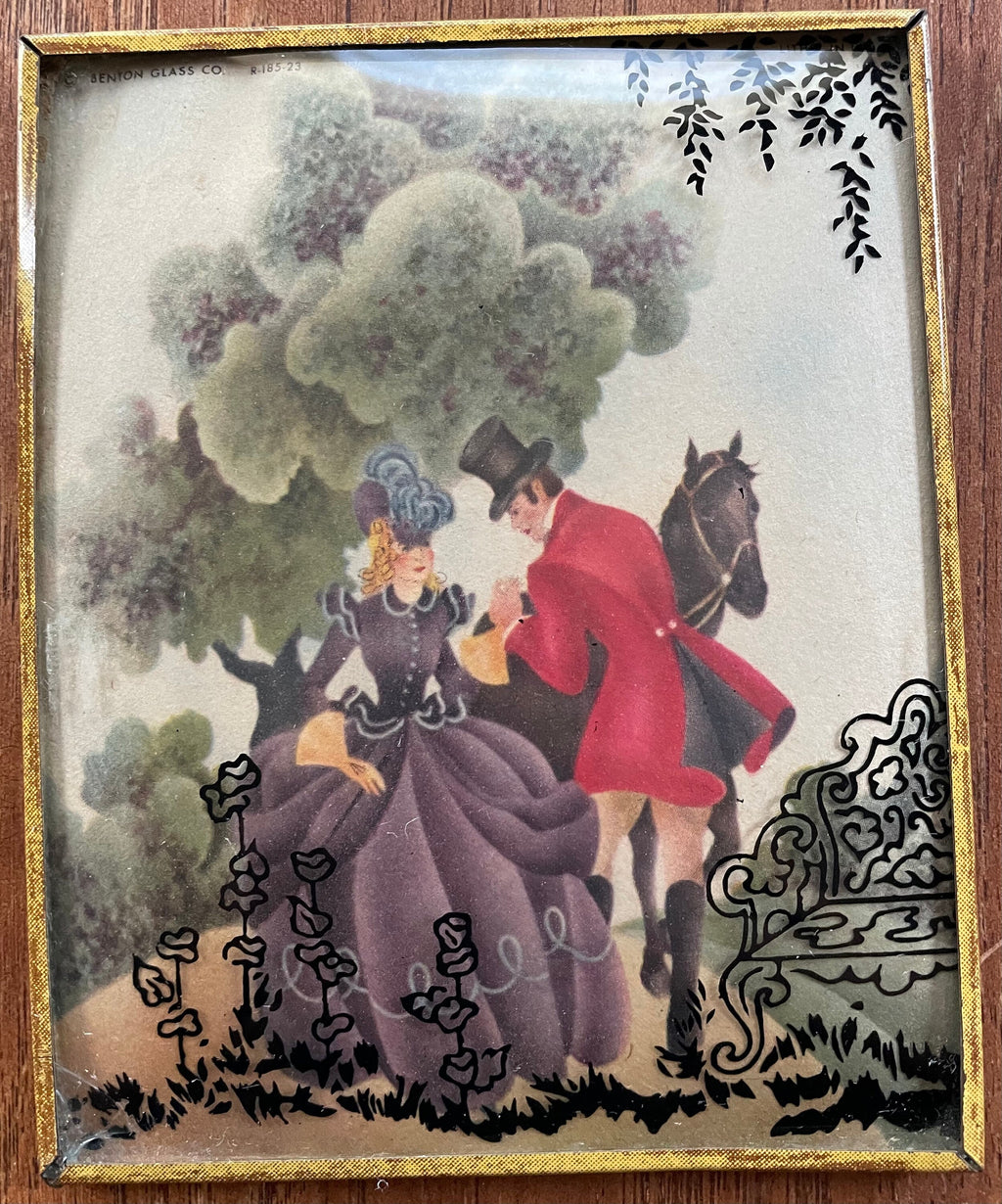 2 Small Unique Vintage Victorian Lovers Silhouette Pictures with Convex Glass