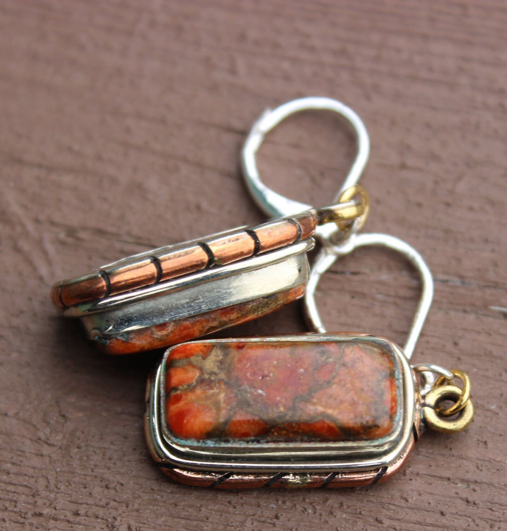 Beautiful STone STerling Brass and Copper Dangle Earrings