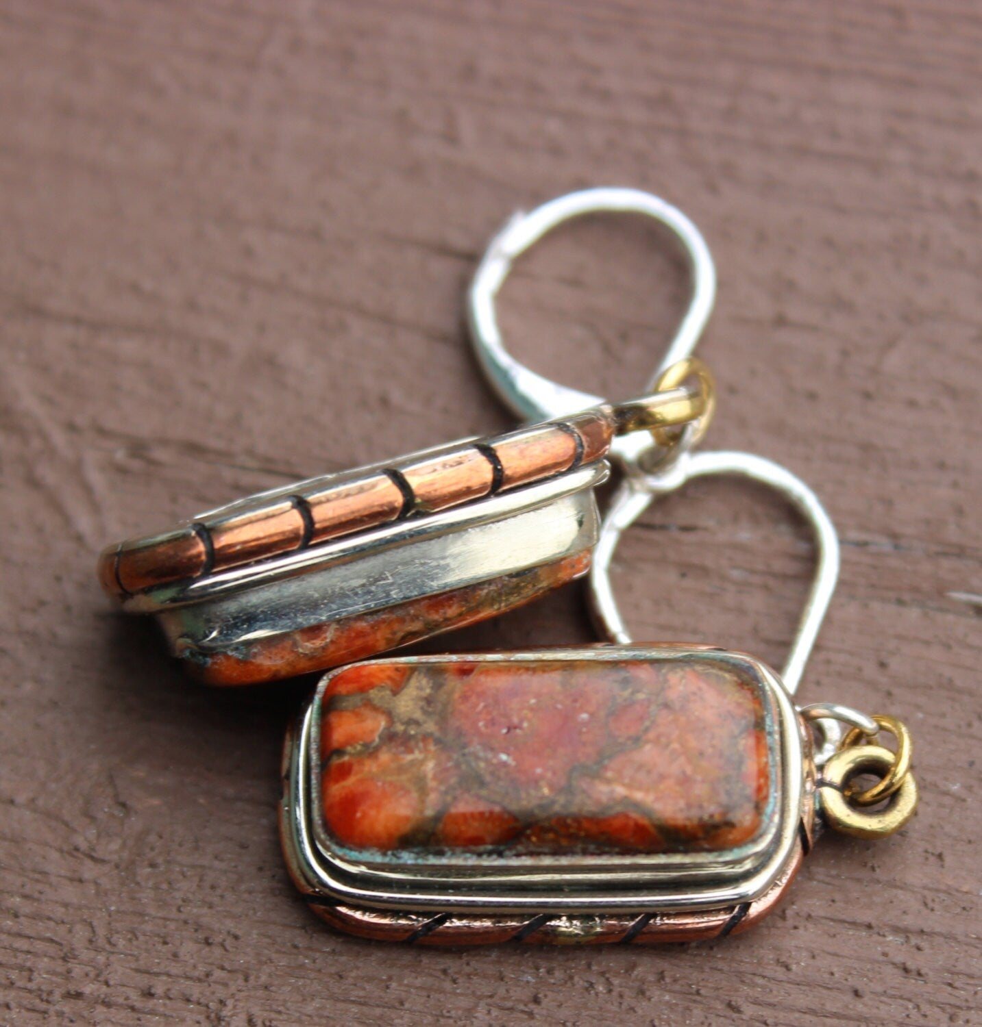 Beautiful STone STerling Brass and Copper Dangle Earrings