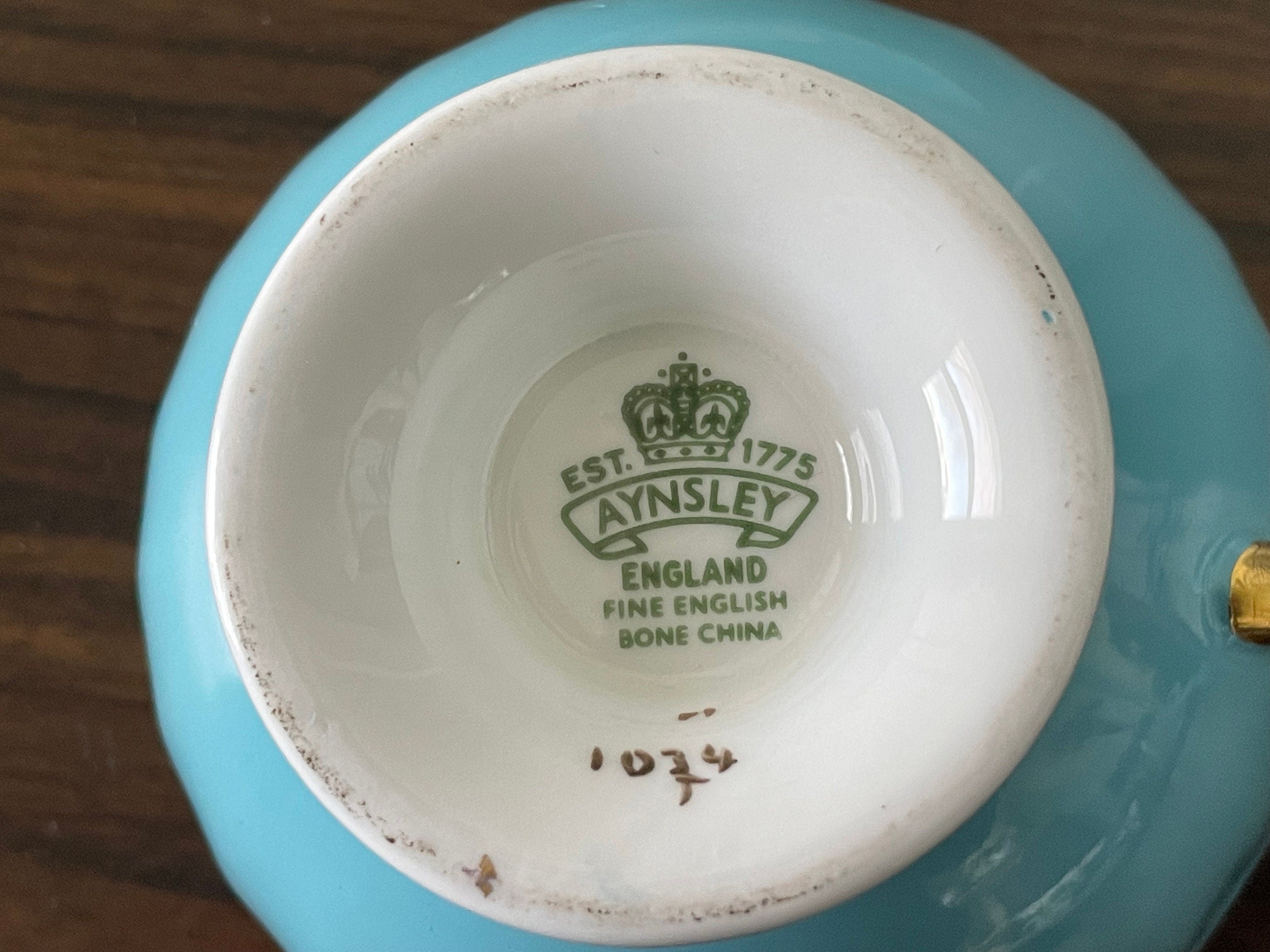 Beautiful Aynsley Fruit Orchard Gold Tea Cup and Saucer Duo Vintage 1960's Turquoise Blue
