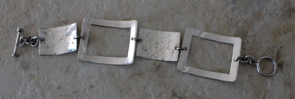 Sterling Silver Panel 925 Modernist Hammered Chain Toggle Bracelet