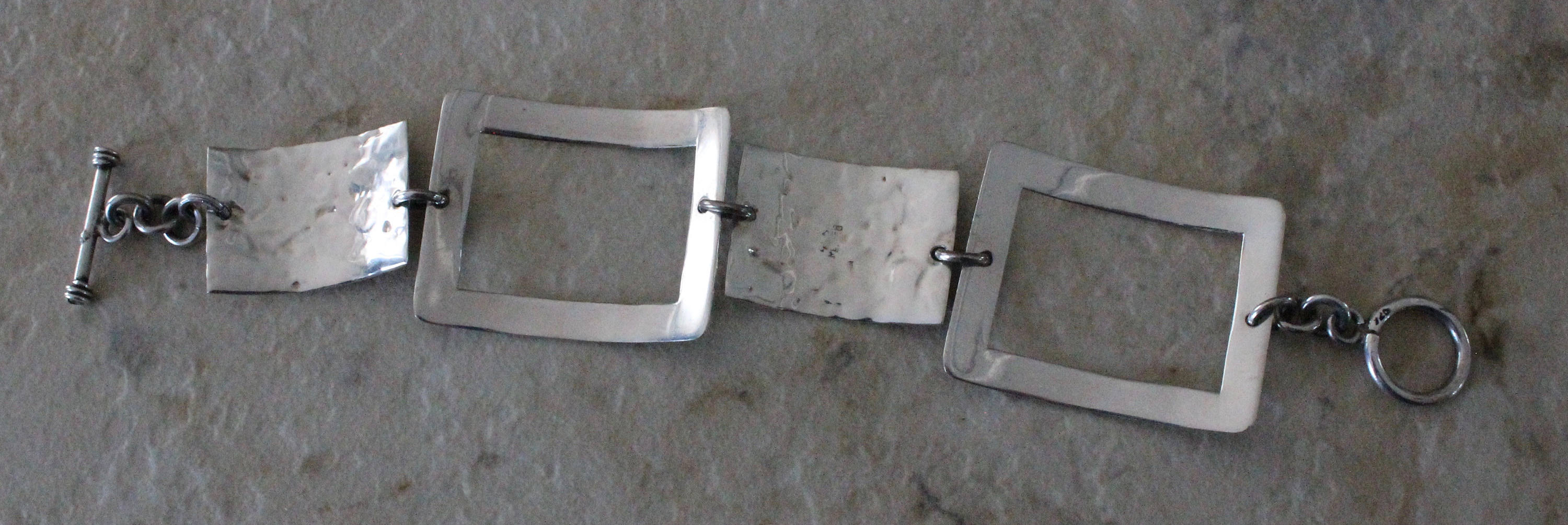 Sterling Silver Panel 925 Modernist Hammered Chain Toggle Bracelet