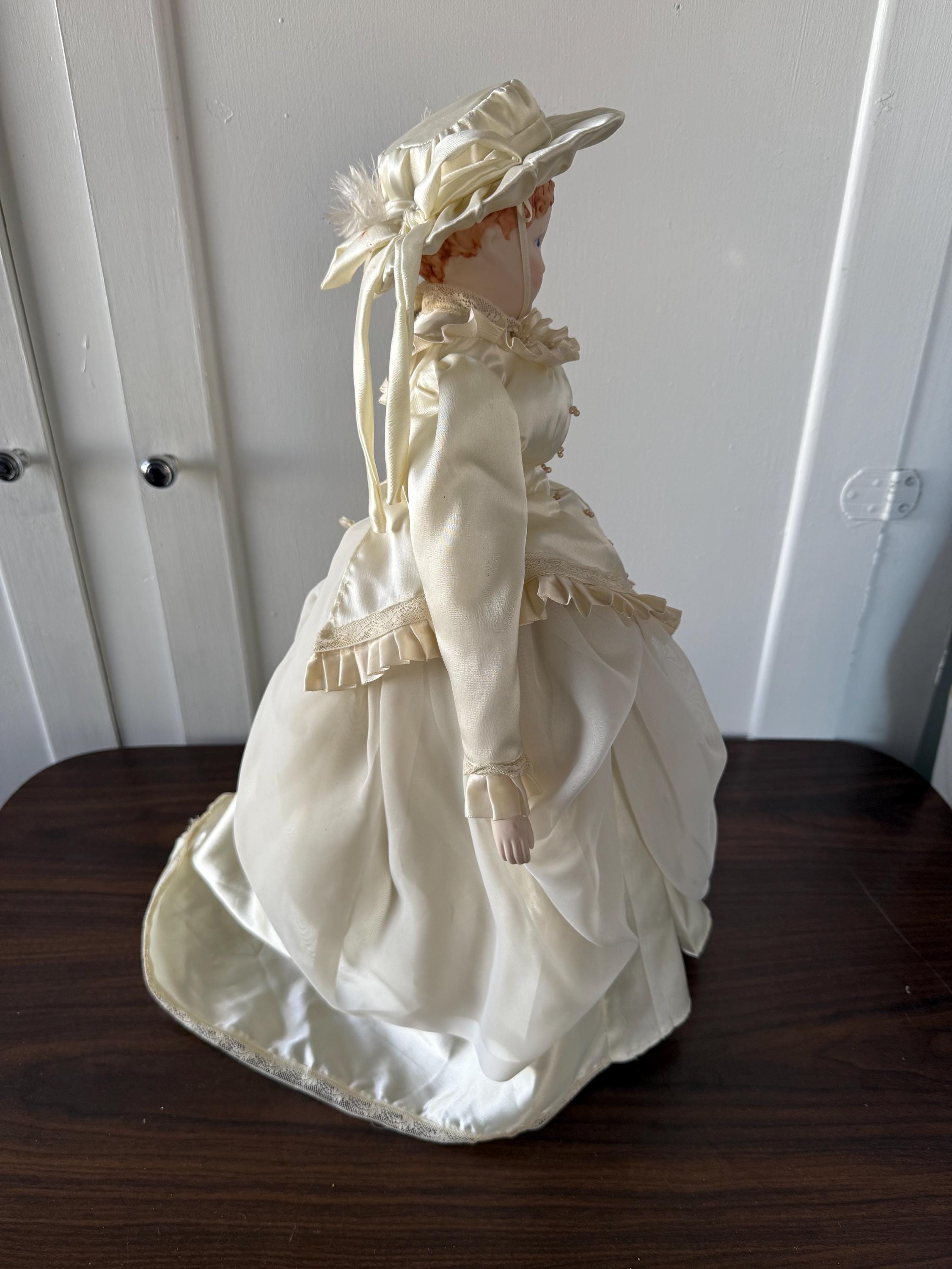 Antique 20" German Parian China Head doll Reproduction with Handmade Satin Off White Lace Dress Blue Glass Eyes