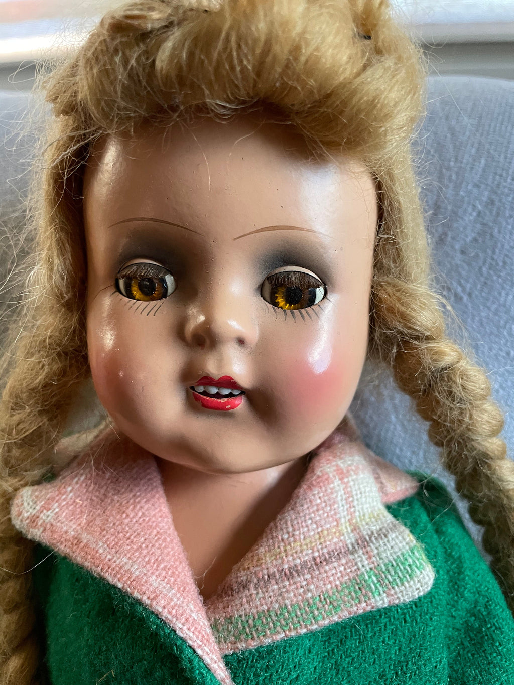 Beautiful Vintage 17" Composition Doll With Mohair Wig Open Mouth with Teeth